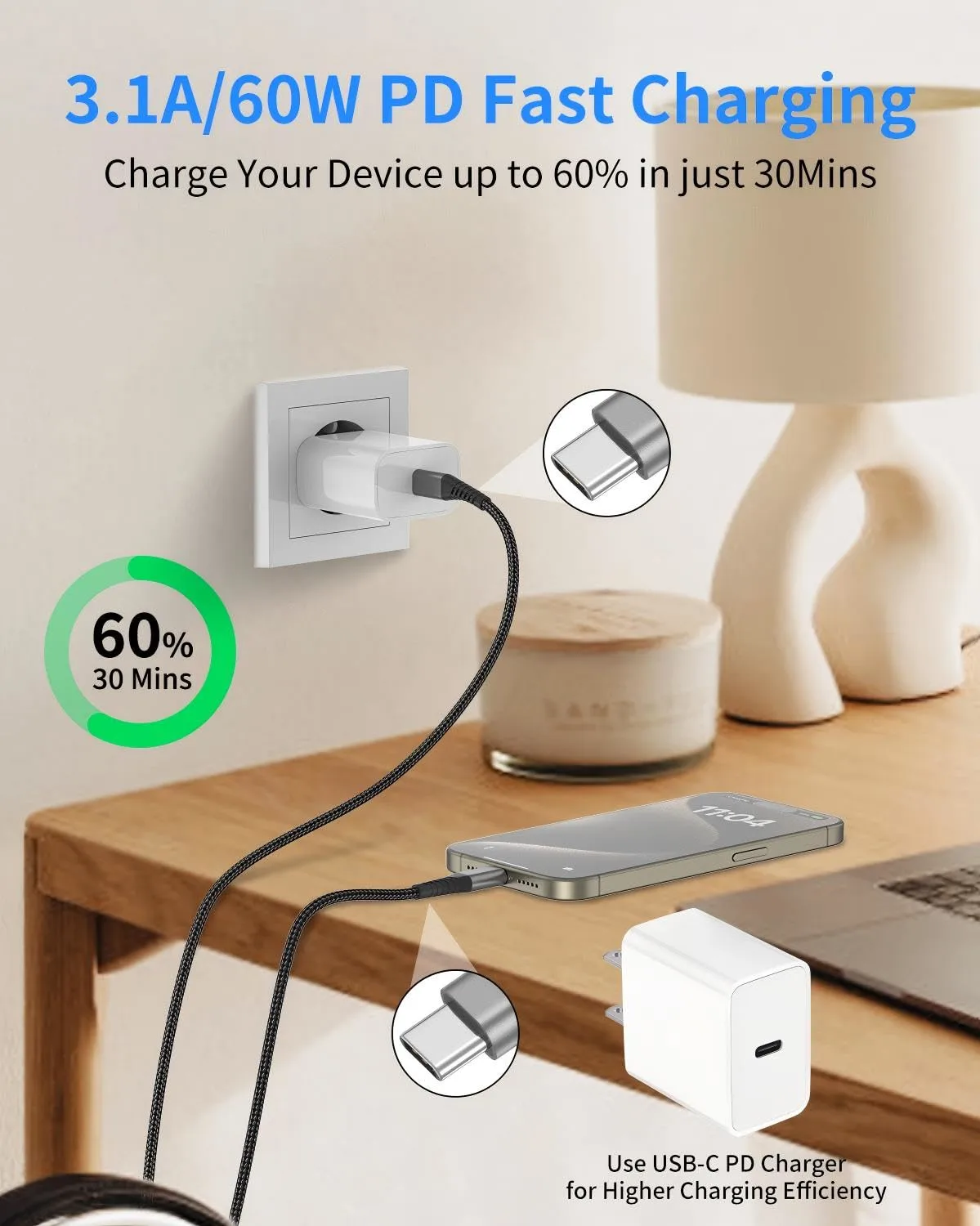 USB C to USB C Cable 3FT, 2 Pack 60W/3A USB C to C Fast Charging Cord
