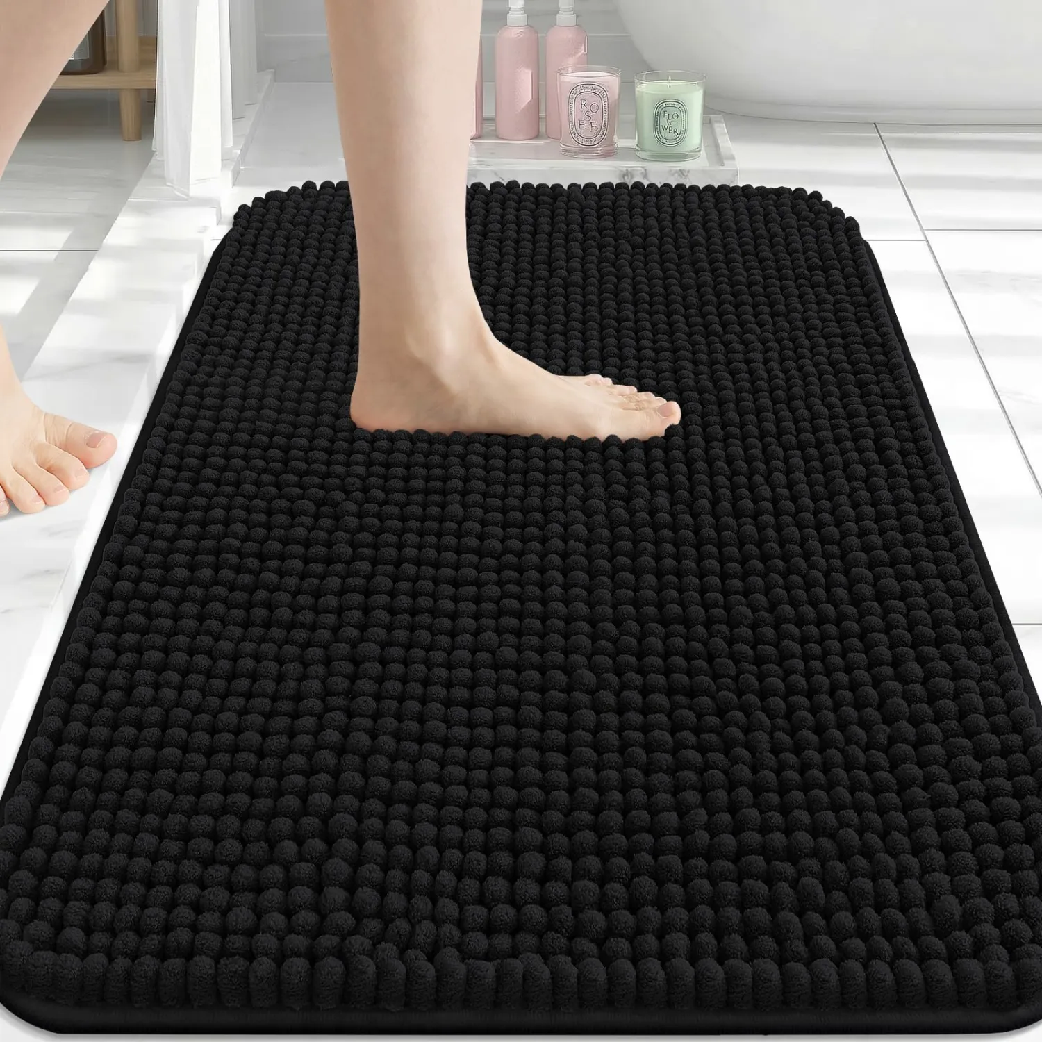 Arotive Chenille Bathroom Rugs 30x20, Soft Absorbent Bath Mat, Black