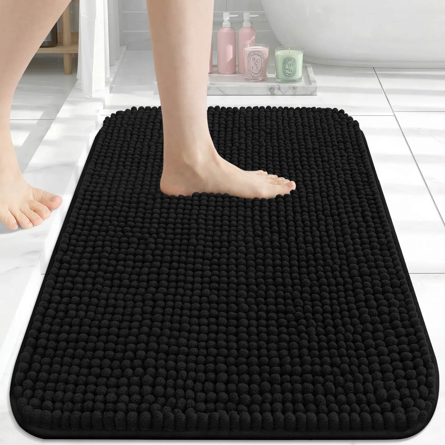 Arotive Chenille Bathroom Rugs 24x16, Soft Absorbent Bath Mat, Black