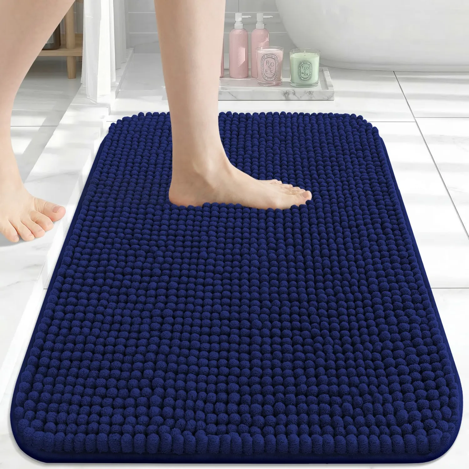 Arotive Chenille Bathroom Rugs 24x16, Soft Absorbent Bath Mat, Navy