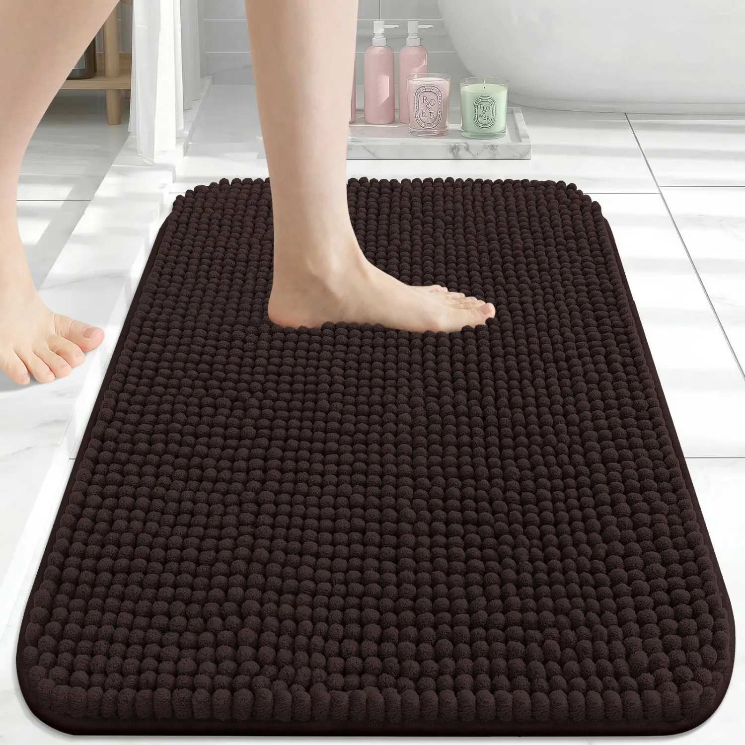 Arotive Chenille Bathroom Rugs 24x16, Soft Absorbent Bath Mat, Brown