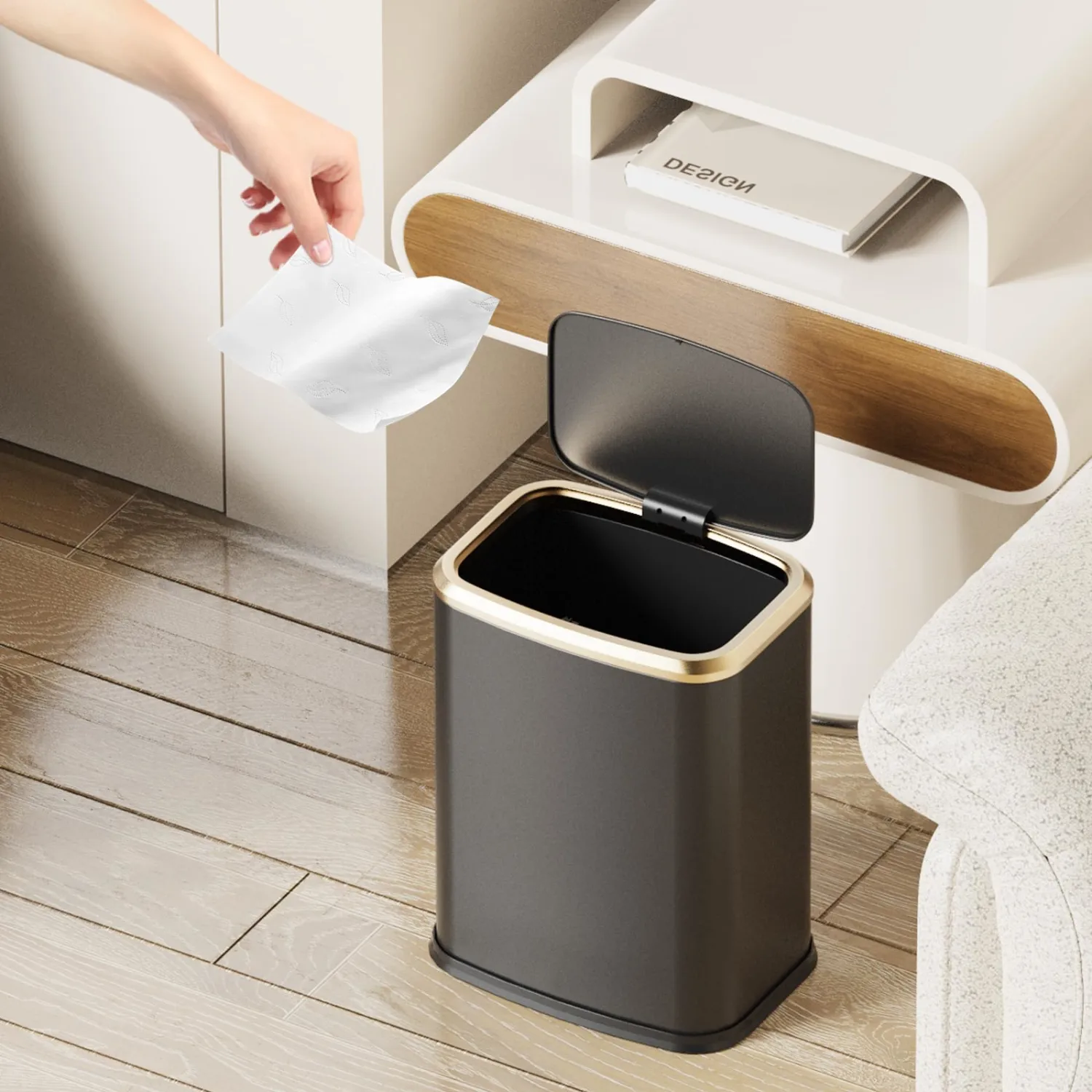 2.1 Gallon Bathroom Trash Can with Lid Press Top, 8 Liter Stainless Steel Garbage Can with Press Type Lid, Slim Trash Bin Waste Basket for Toilet, Office, Bedroom, Living Room (Black)