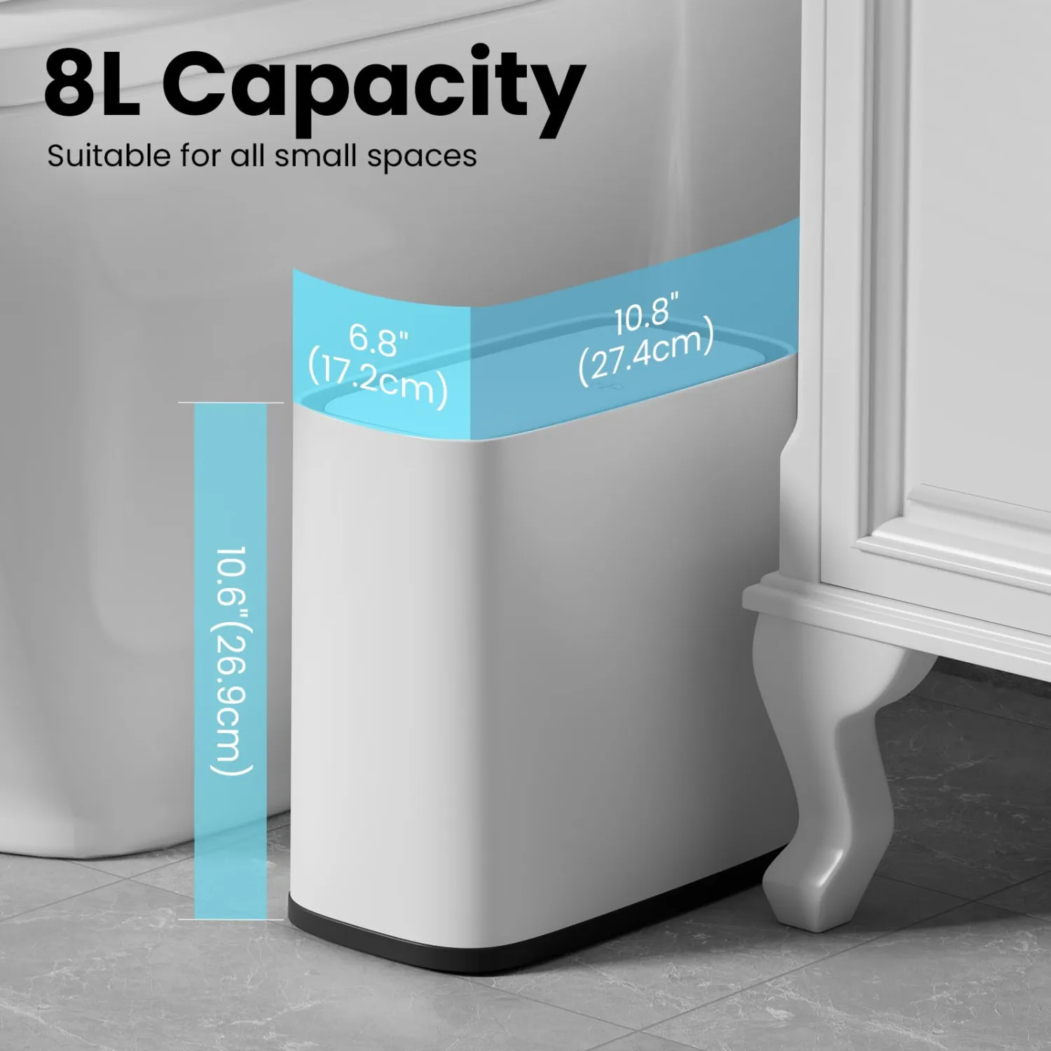 Slim Bathroom Trash Can with Lid and Wheels, 2.1 Gallon Small Garbage Can