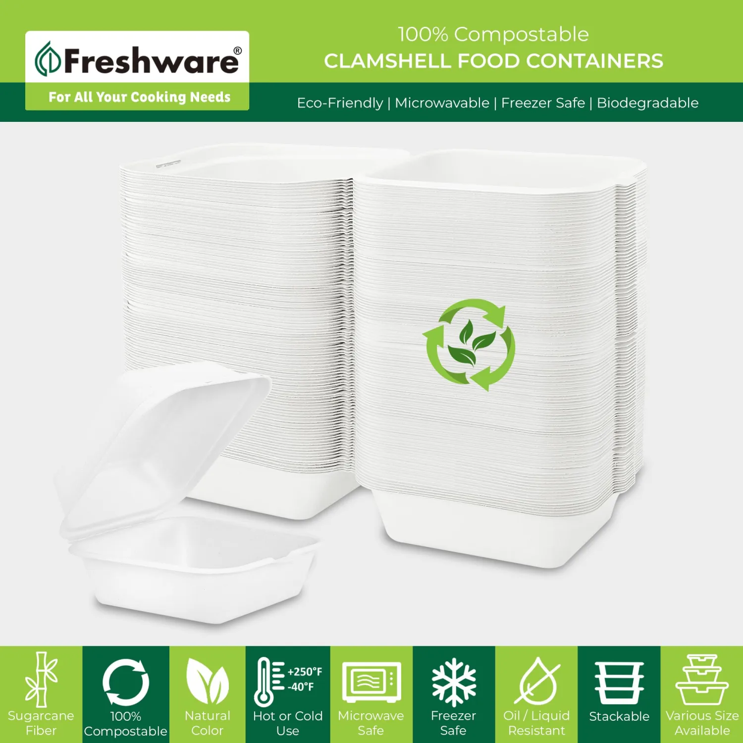 Freshware Clamshell Food Containers with Lids [6x6 50-Pack] Disposable To Go Containers, Biodegradable Sugarcane To Go Boxes - Paper Container - Microwave & Freezer Safe, Stackable