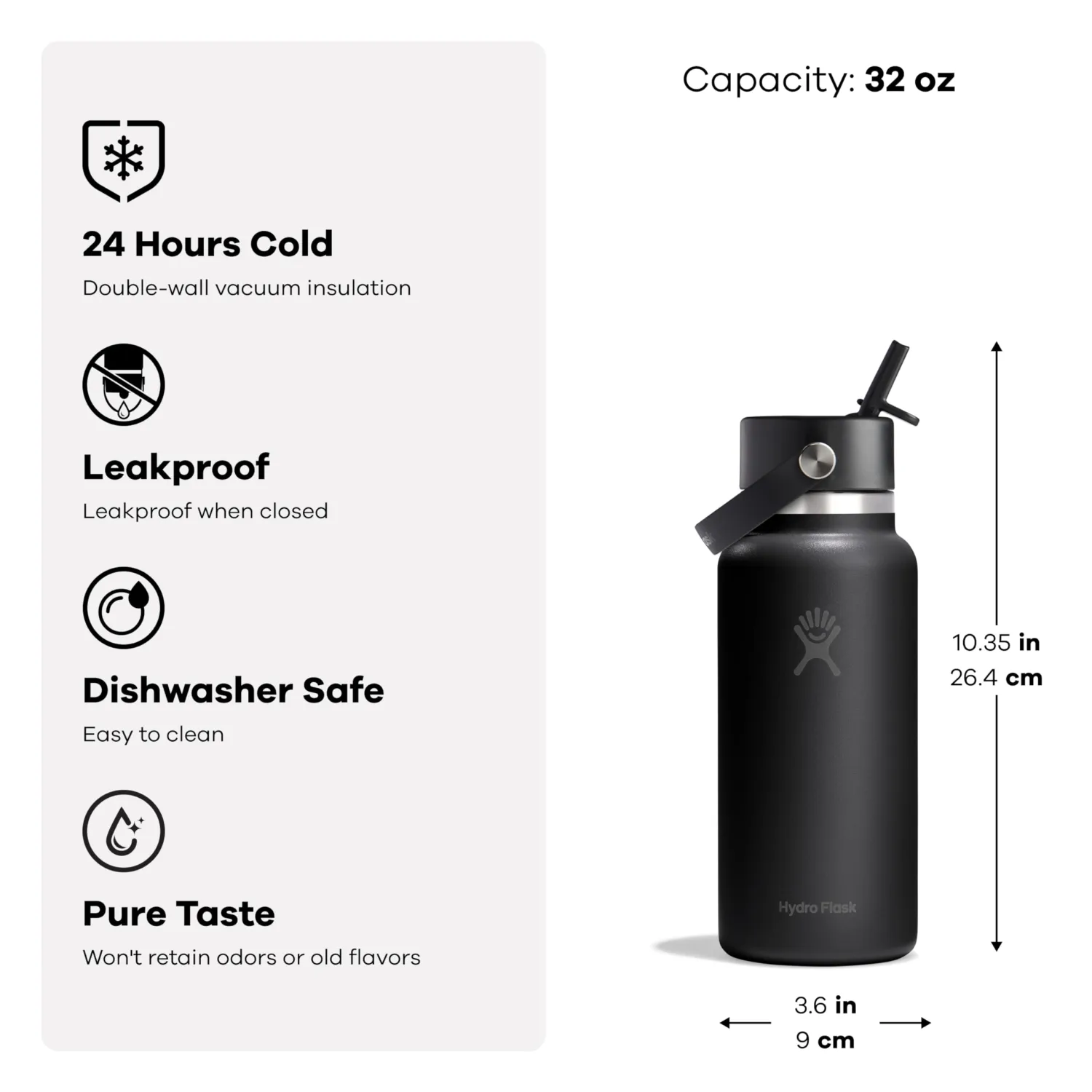 Hydro Flask Water Bottle - Insulated Stainless Steel - Wide Mouth Flex Straw Lid, Non Spill, Leakproof and Refillable in 32 Oz Glitch Black