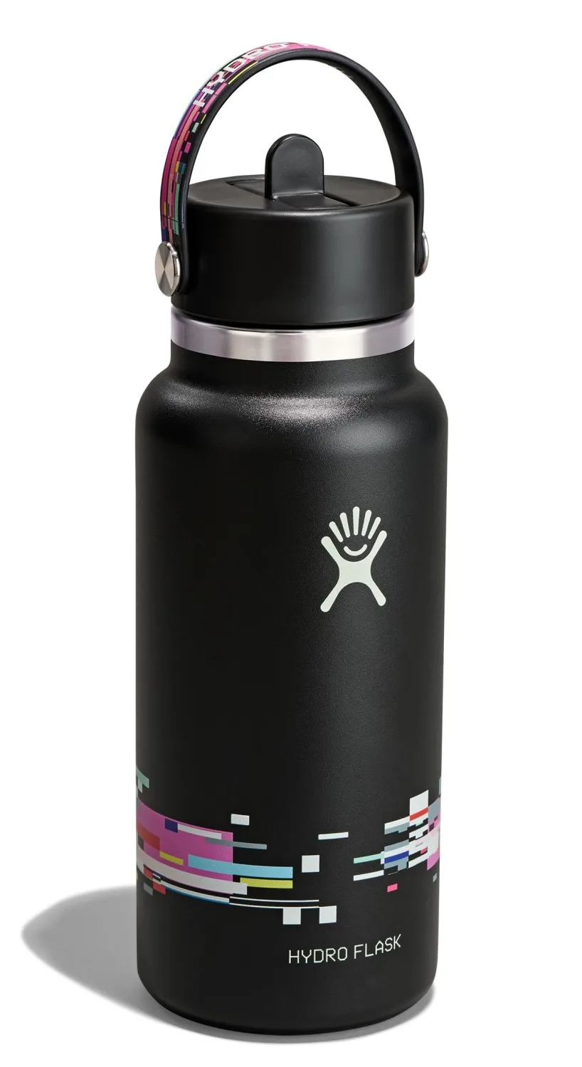 Hydro Flask Water Bottle - Insulated Stainless Steel - Wide Mouth Flex Straw Lid, Non Spill, Leakproof and Refillable in 32 Oz Glitch Black