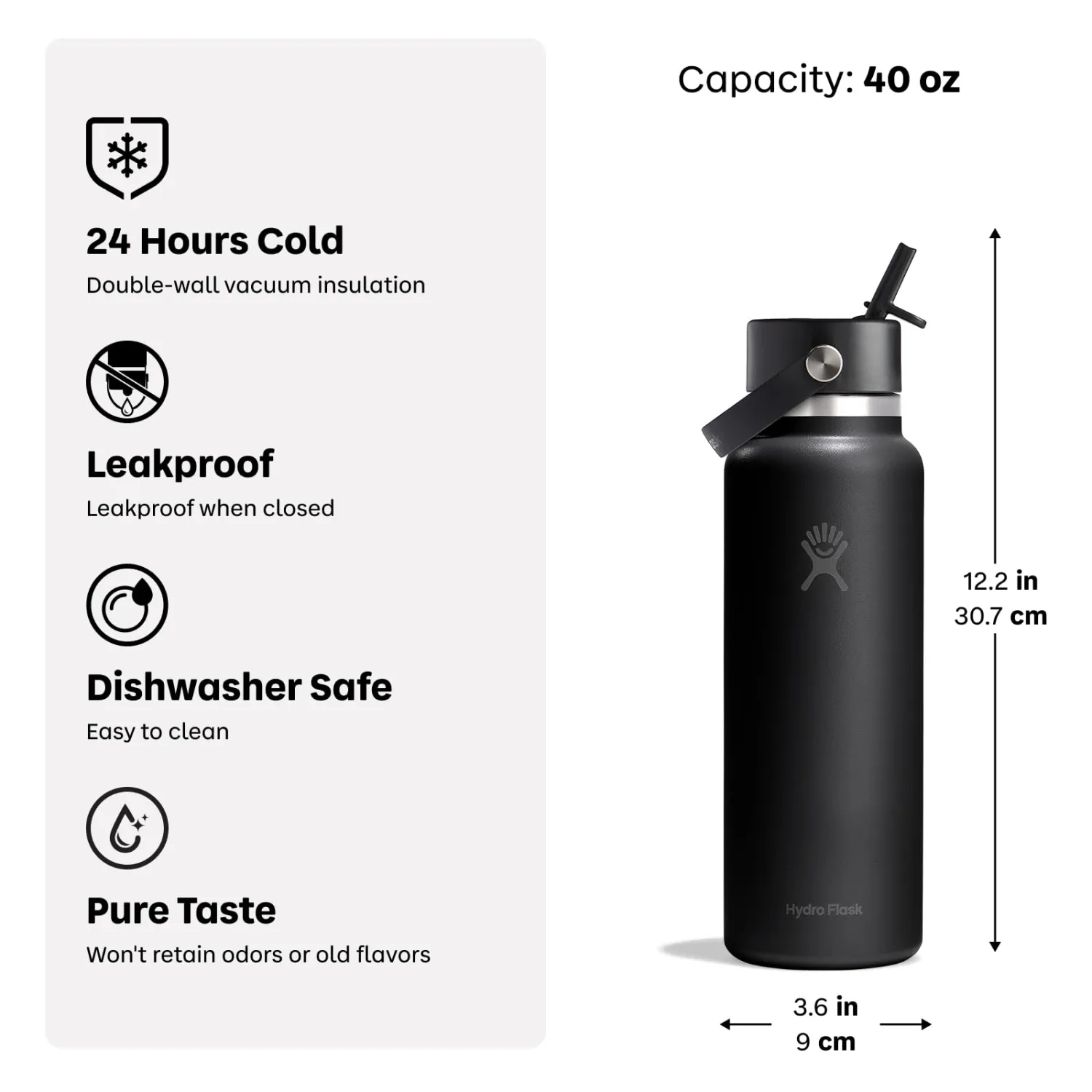 Hydro Flask Water Bottle - Insulated Stainless Steel - Wide Straw Lid, Non Spill, Leakproof in 40 Oz Palmer Green