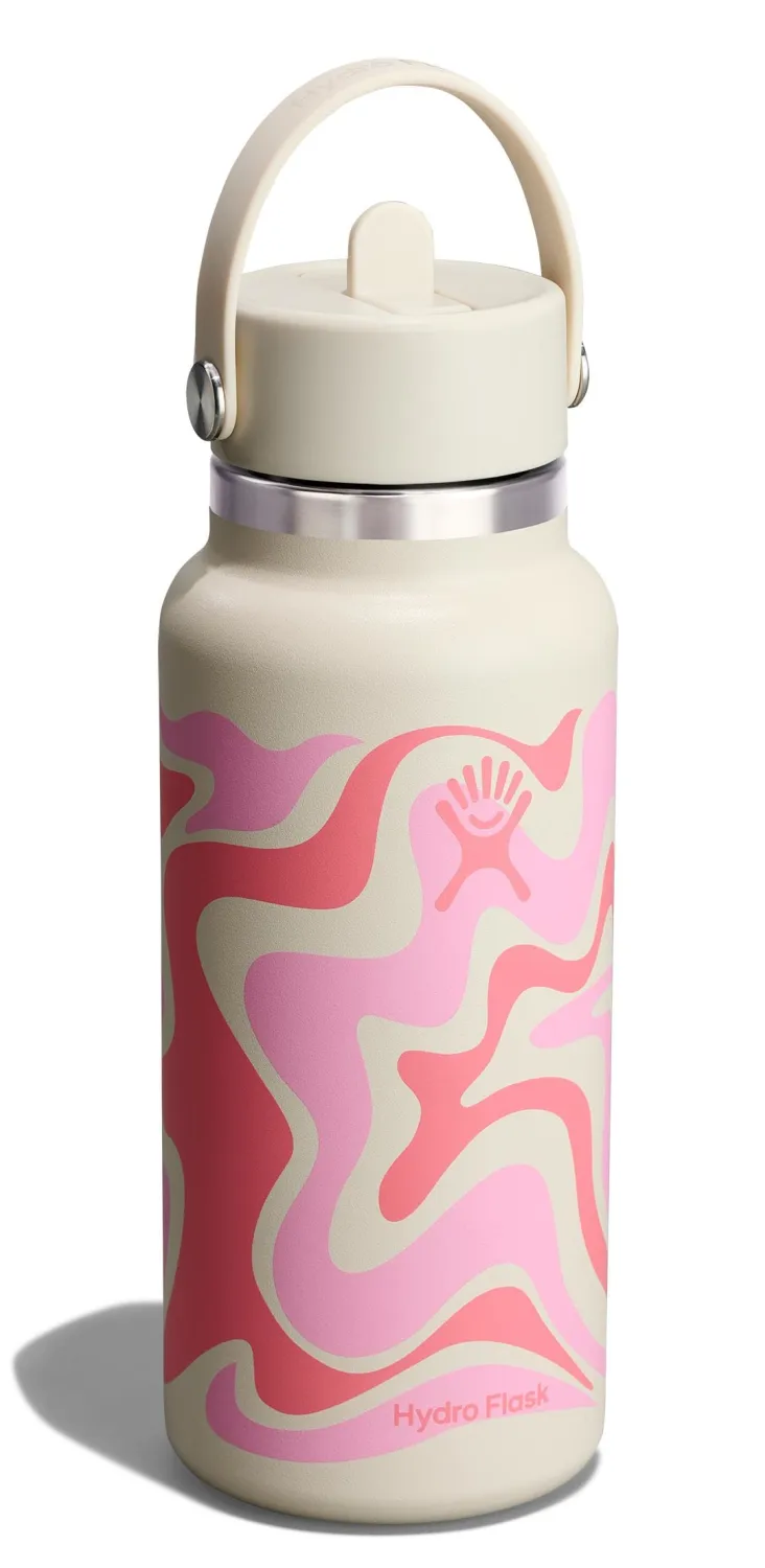 Hydro Flask Water Bottle - Insulated Stainless Steel - Wide Mouth Flex Straw Lid, Non Spill, Leakproof and Refillable in 32 Oz Callie Pink