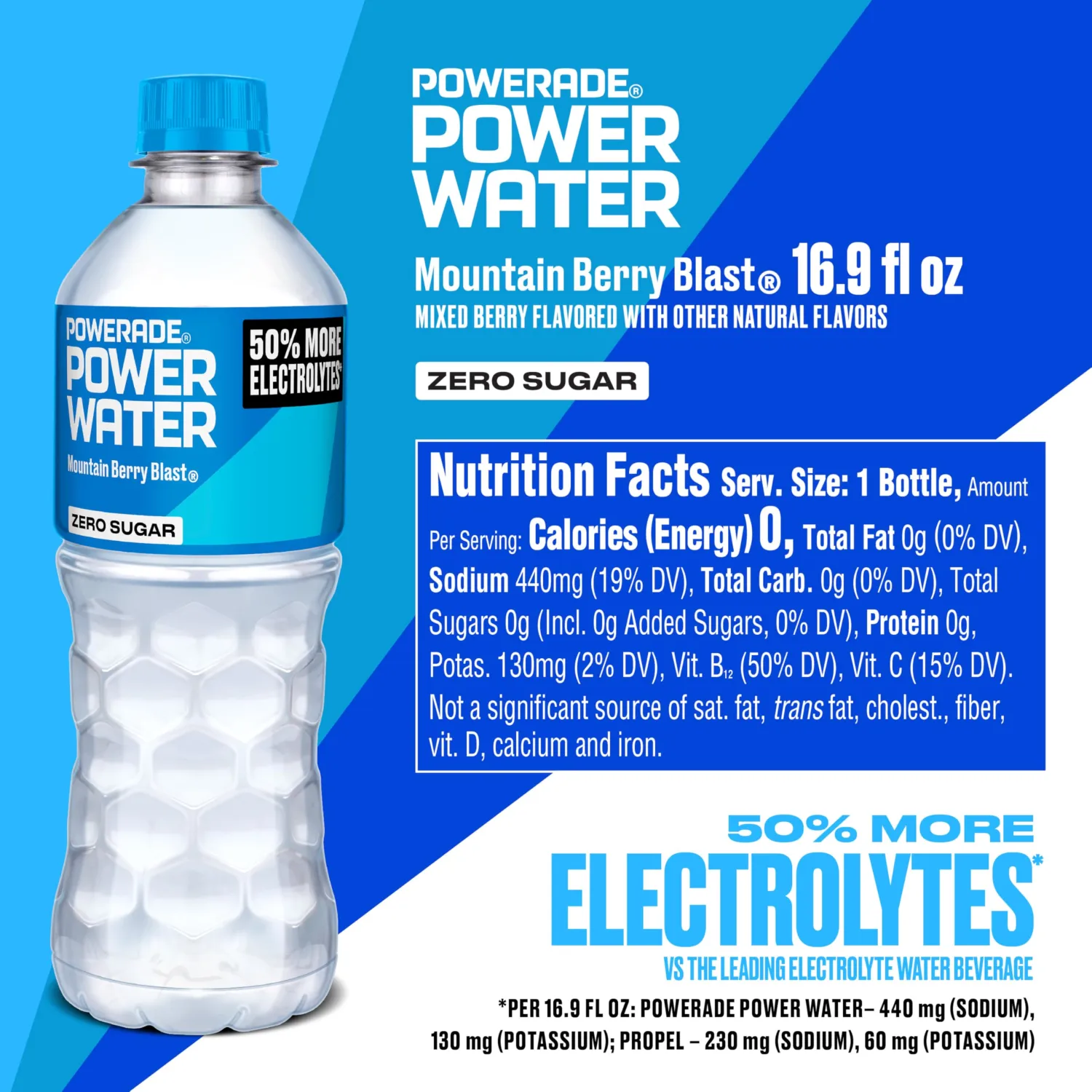 POWERADE POWER WATER, Mountain Berry Blast Electrolyte Water, 16.9oz (6pk)