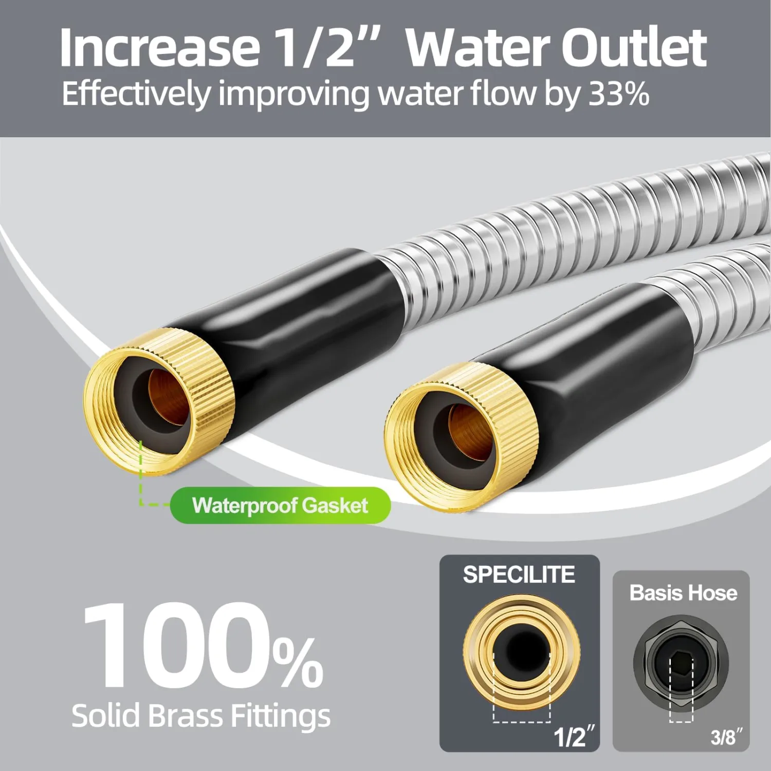 SPECILITE 1/2"x 10FT 304 Stainless Steel Short Leader Garden Hose for Reel