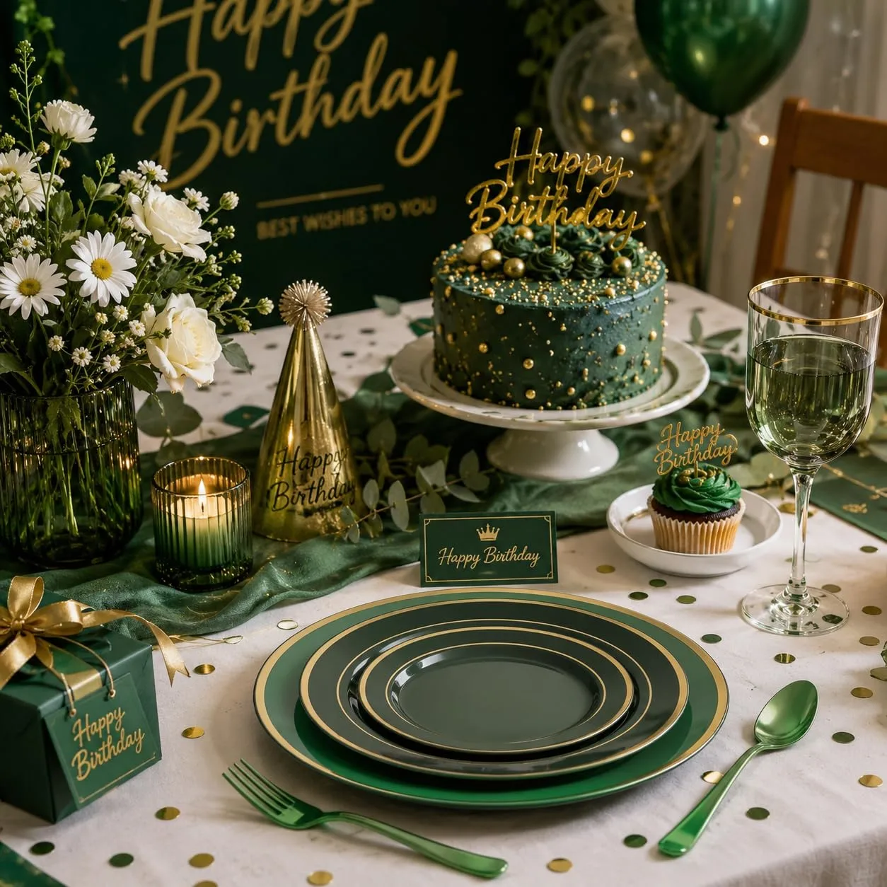 WDF 25Pack Green Chargers with Gold Trim Plastic for Christmas