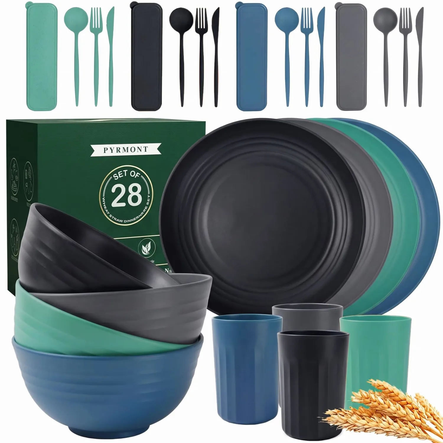 PYRMONT Wheat Straw Dinnerware Sets 28 Pcs Unbreakable Dish Set(Nightscape)