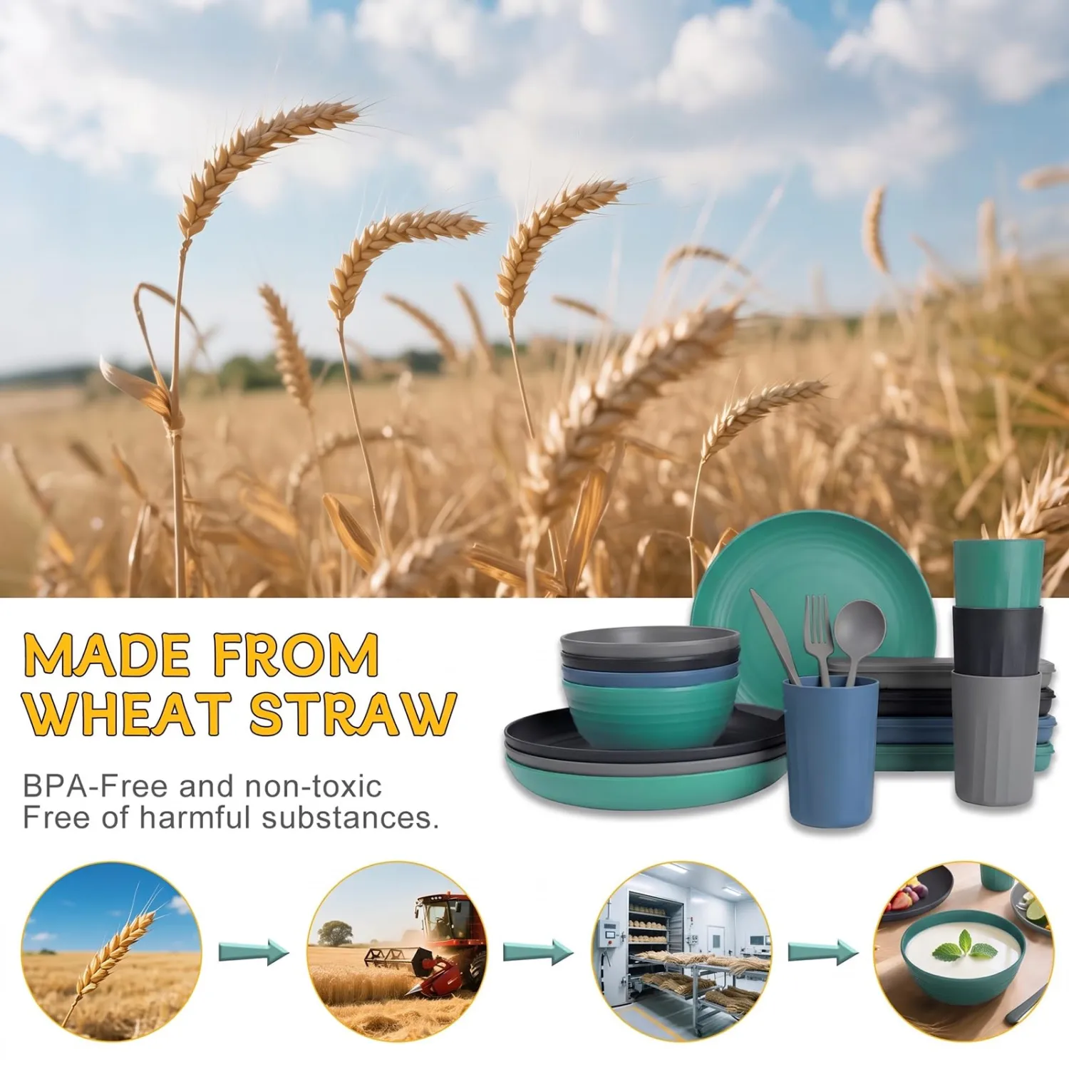 PYRMONT Wheat Straw Dinnerware Sets 28 Pcs Unbreakable Dish Set(Nightscape)