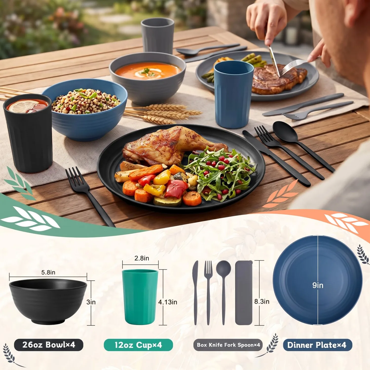 PYRMONT Wheat Straw Dinnerware Sets 28 Pcs Unbreakable Dish Set(Nightscape)