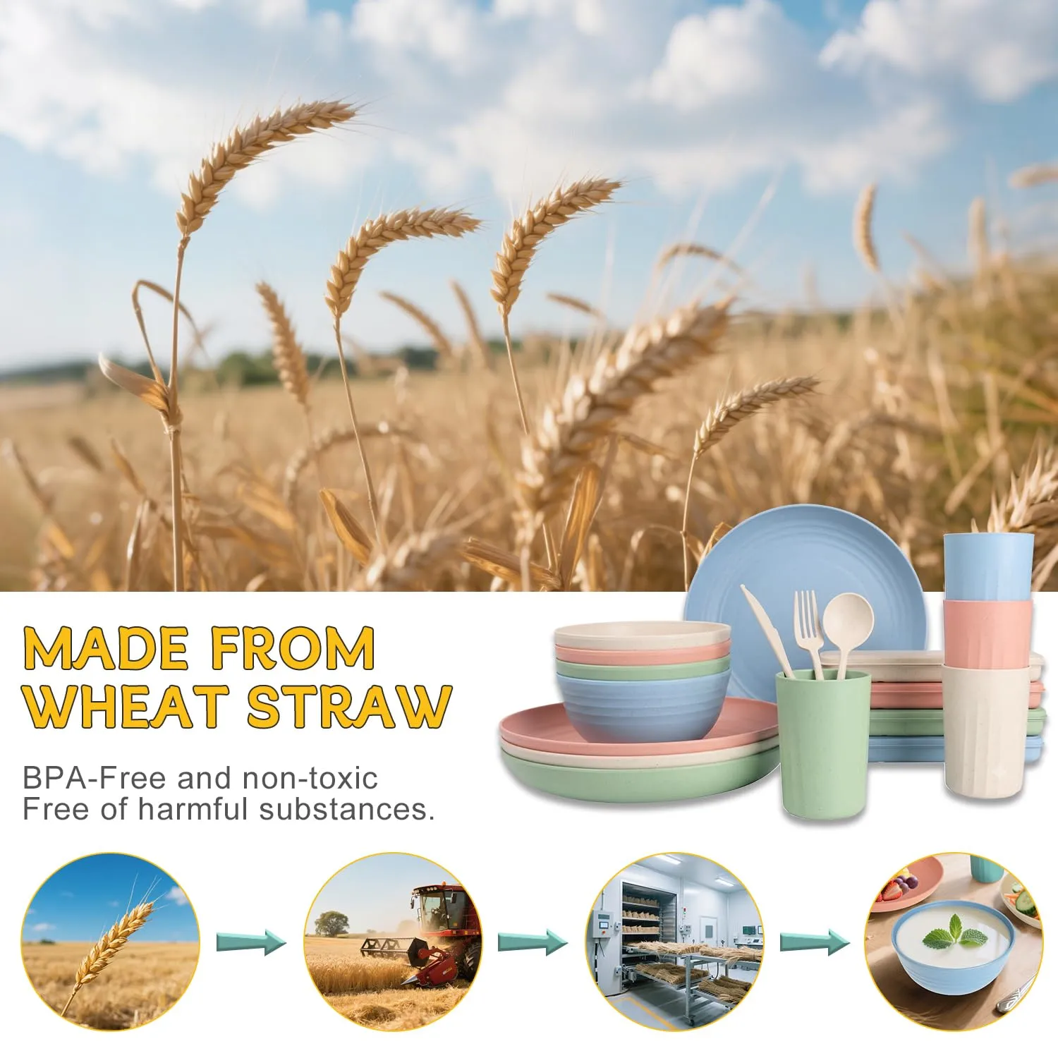 PYRMONT Plates and Bowls Set 28 Pcs Wheat Straw Dinnerware Set(Multilight)