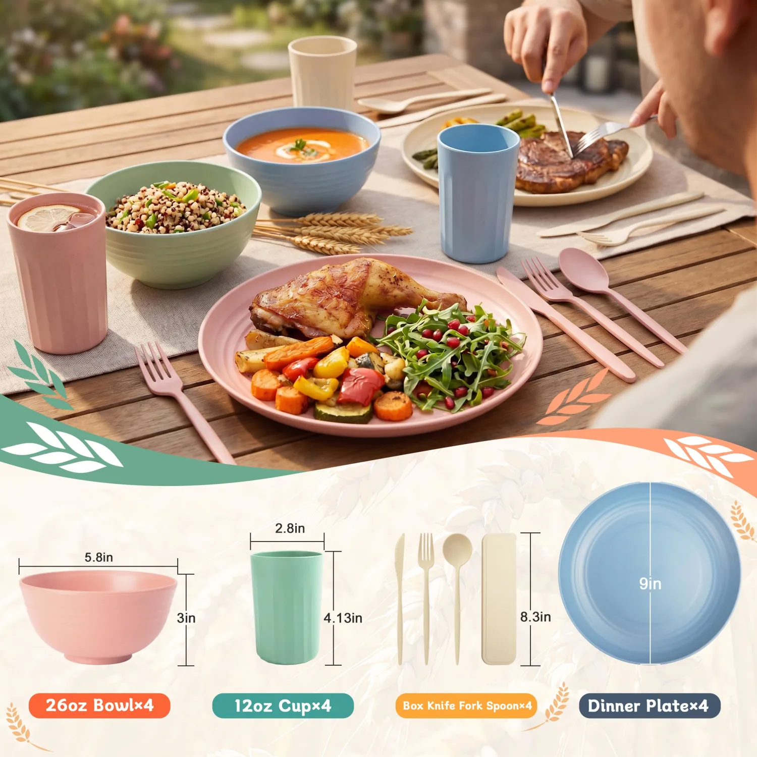 PYRMONT Plates and Bowls Set 28 Pcs Wheat Straw Dinnerware Set(Multilight)