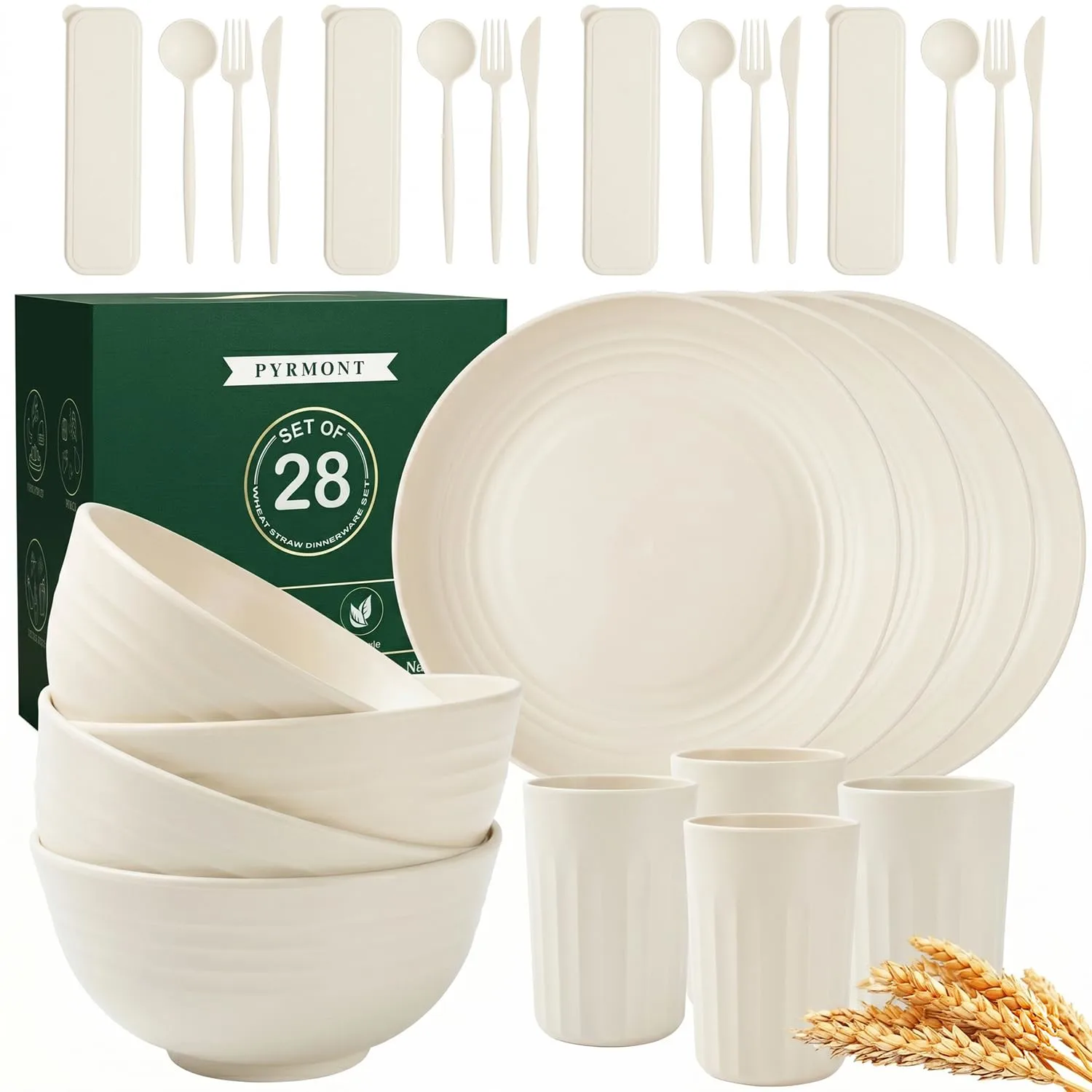 PYRMONT Unbreakable Plates and Bowls Sets Wheat Straw Dish Set(28pcs,Beige)