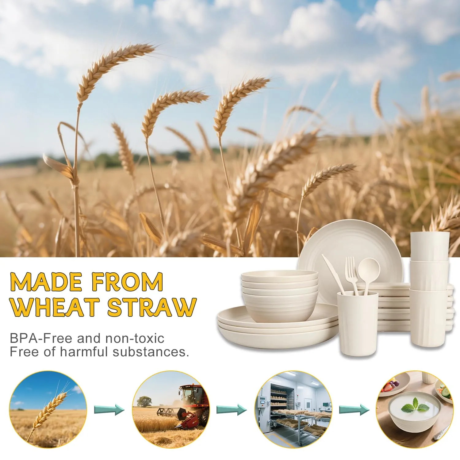 PYRMONT Unbreakable Plates and Bowls Sets Wheat Straw Dish Set(28pcs,Beige)