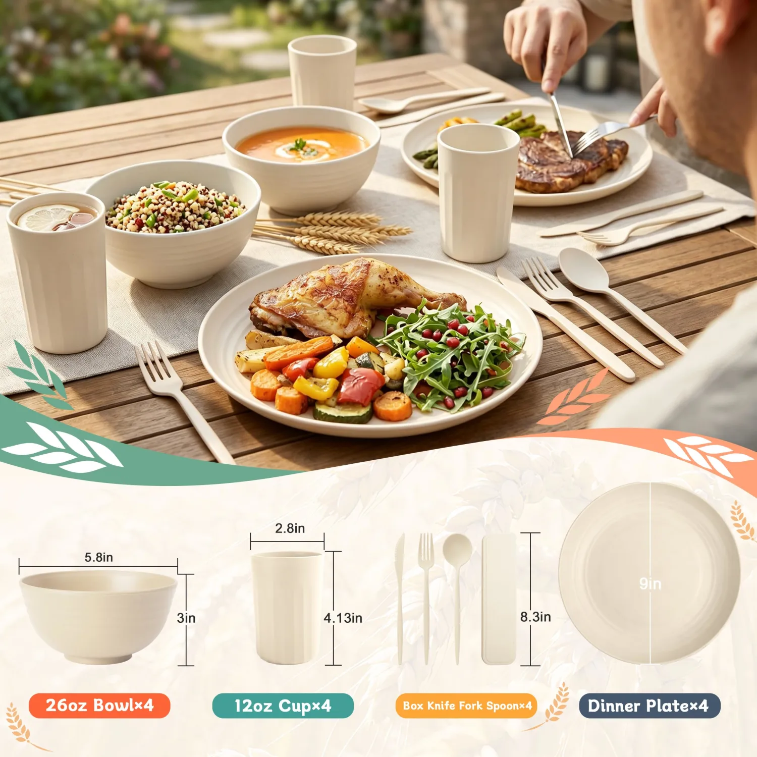 PYRMONT Unbreakable Plates and Bowls Sets Wheat Straw Dish Set(28pcs,Beige)
