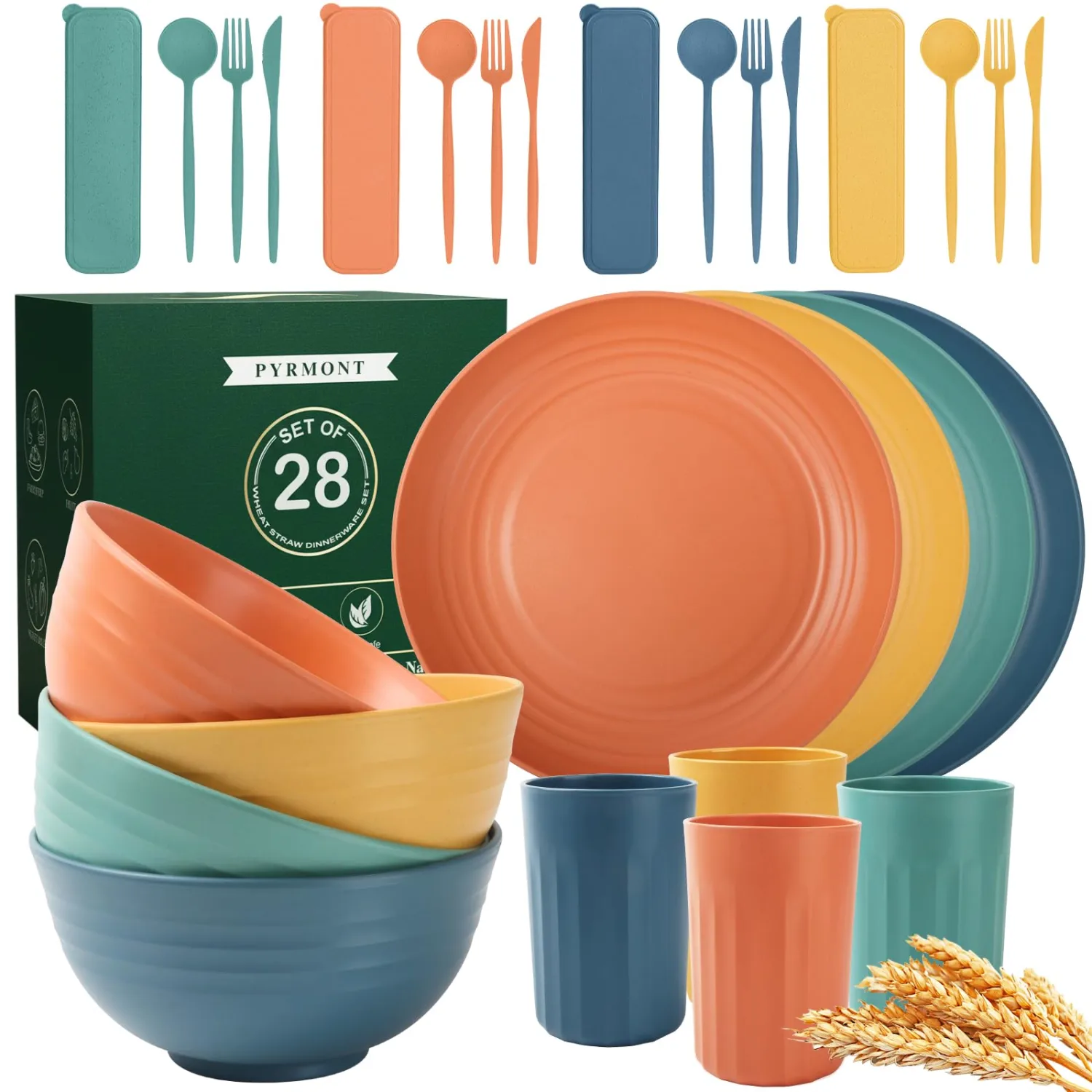 PYRMONT Wheat Straw Dinnerware Sets 28pcs Unbreakable Plates and Bowls Sets