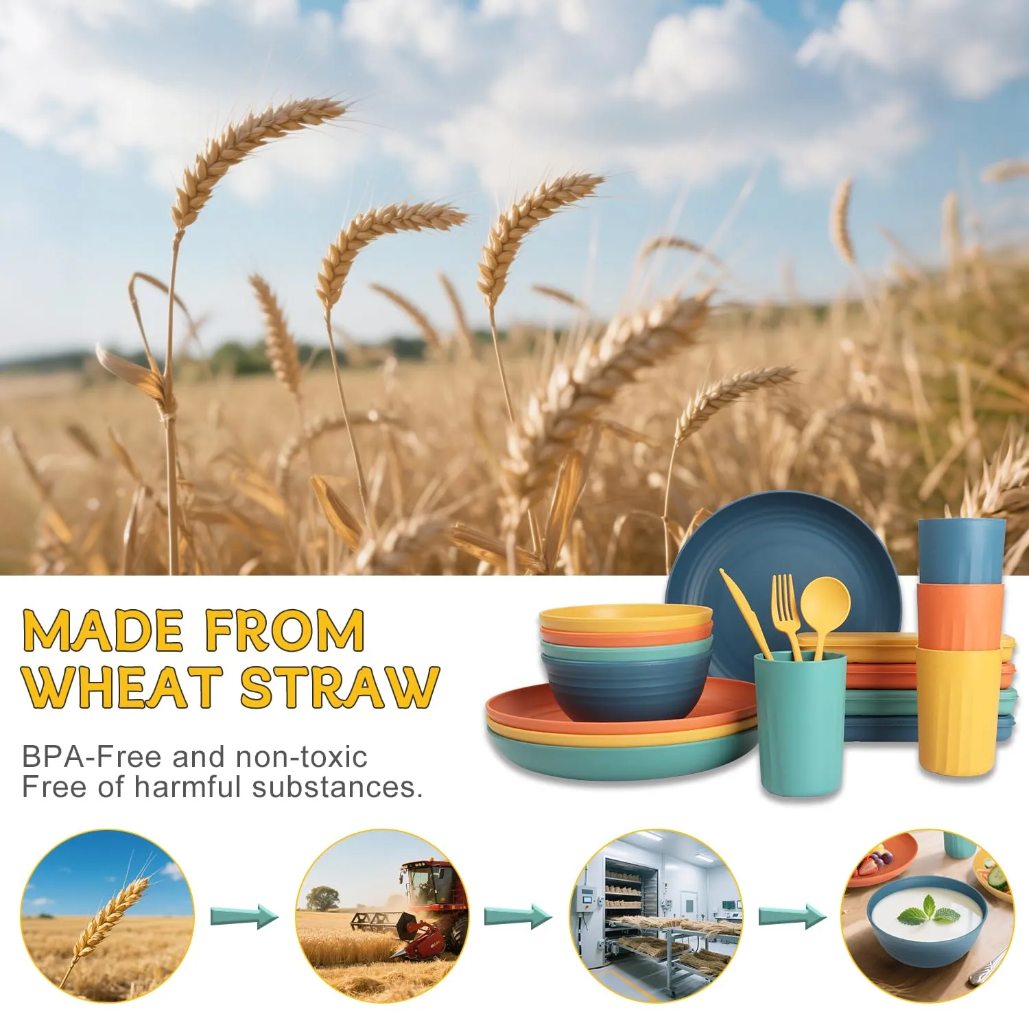 PYRMONT Wheat Straw Dinnerware Sets 28pcs Unbreakable Plates and Bowls Sets