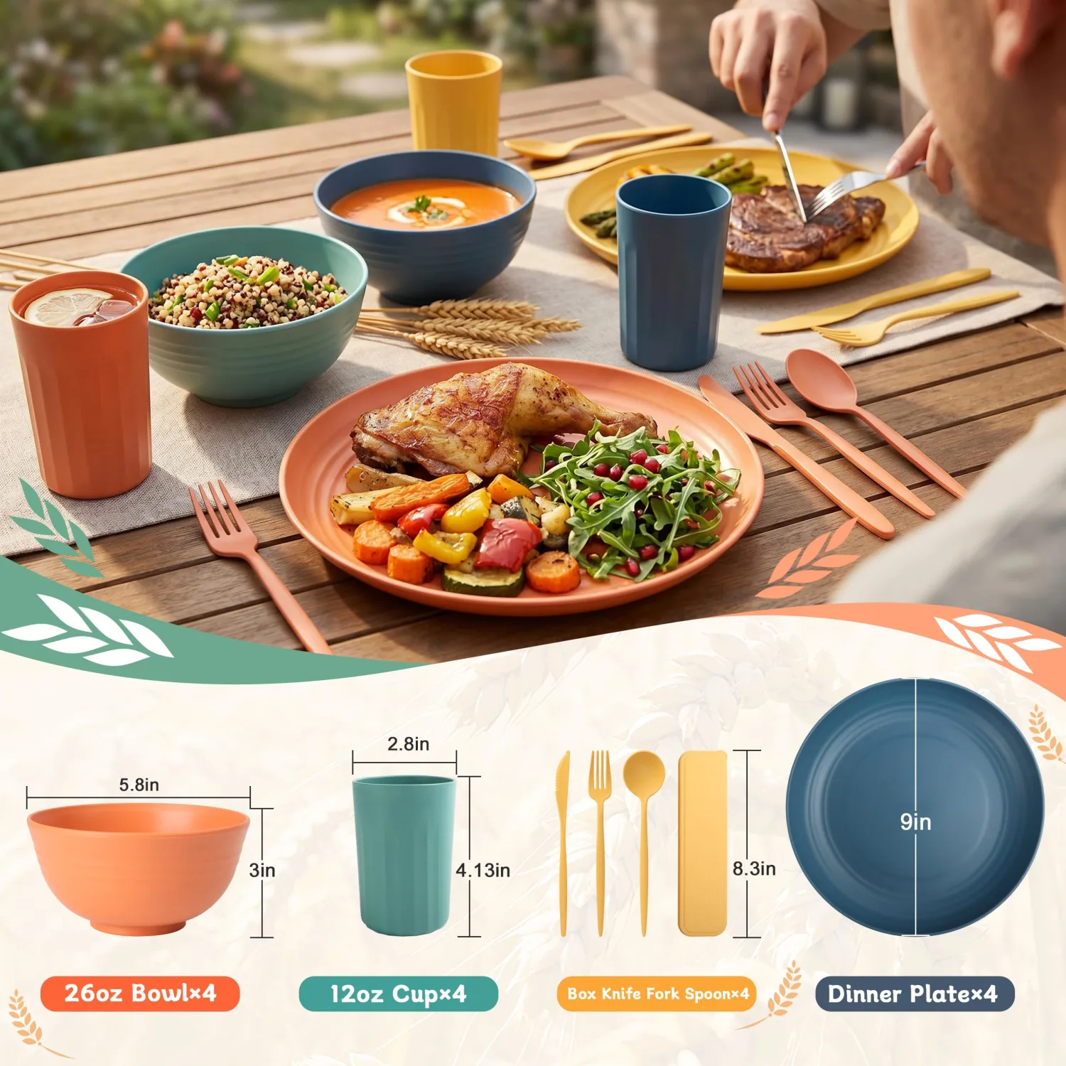 PYRMONT Wheat Straw Dinnerware Sets 28pcs Unbreakable Plates and Bowls Sets