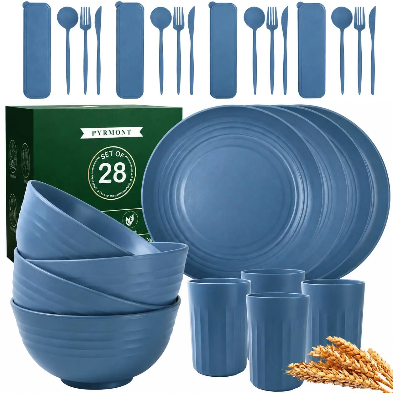 PYRMONT Wheat Straw Dinnerware Sets 28 Pcs Bowls and Plates Set(Blue)