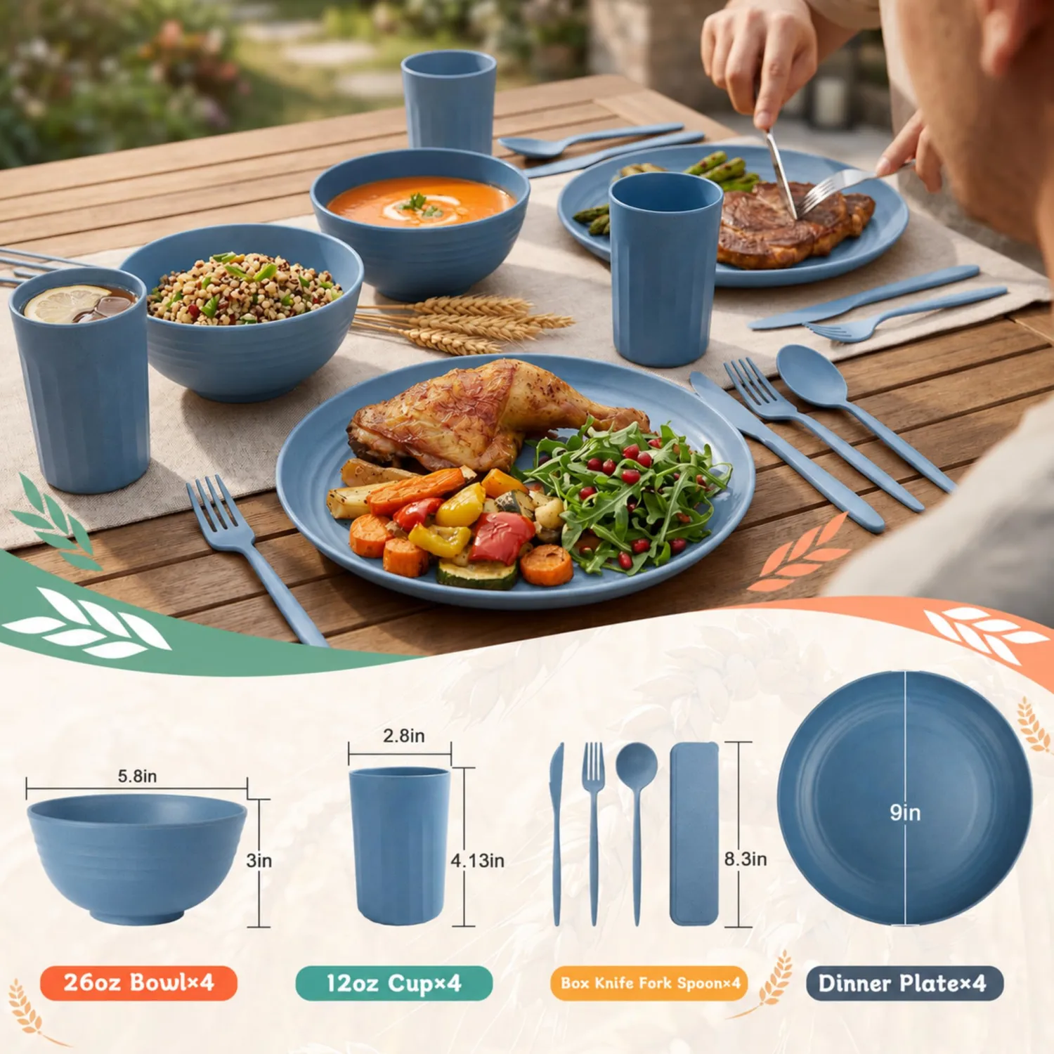 PYRMONT Wheat Straw Dinnerware Sets 28 Pcs Bowls and Plates Set(Blue)