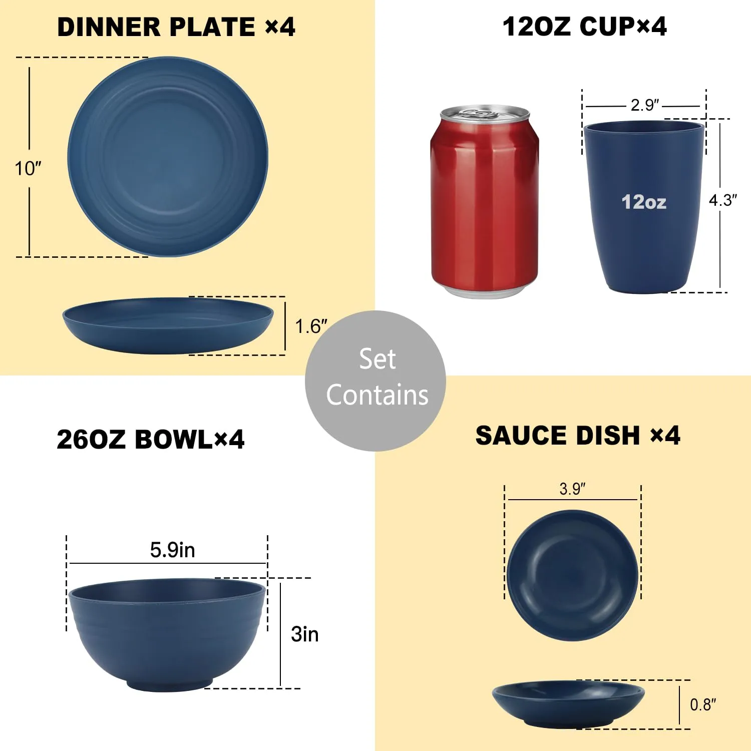 Wheat Straw Dinnerware Sets for 4,Dishwasher & Microwave Safe Plates and Bowls Sets 16 PCS,Unbreakable Dish Sets for Kitchen,Camping and Outdoor, Dinner Plate,Sauce Dish,Cereal Bowl,Cups- Multi color