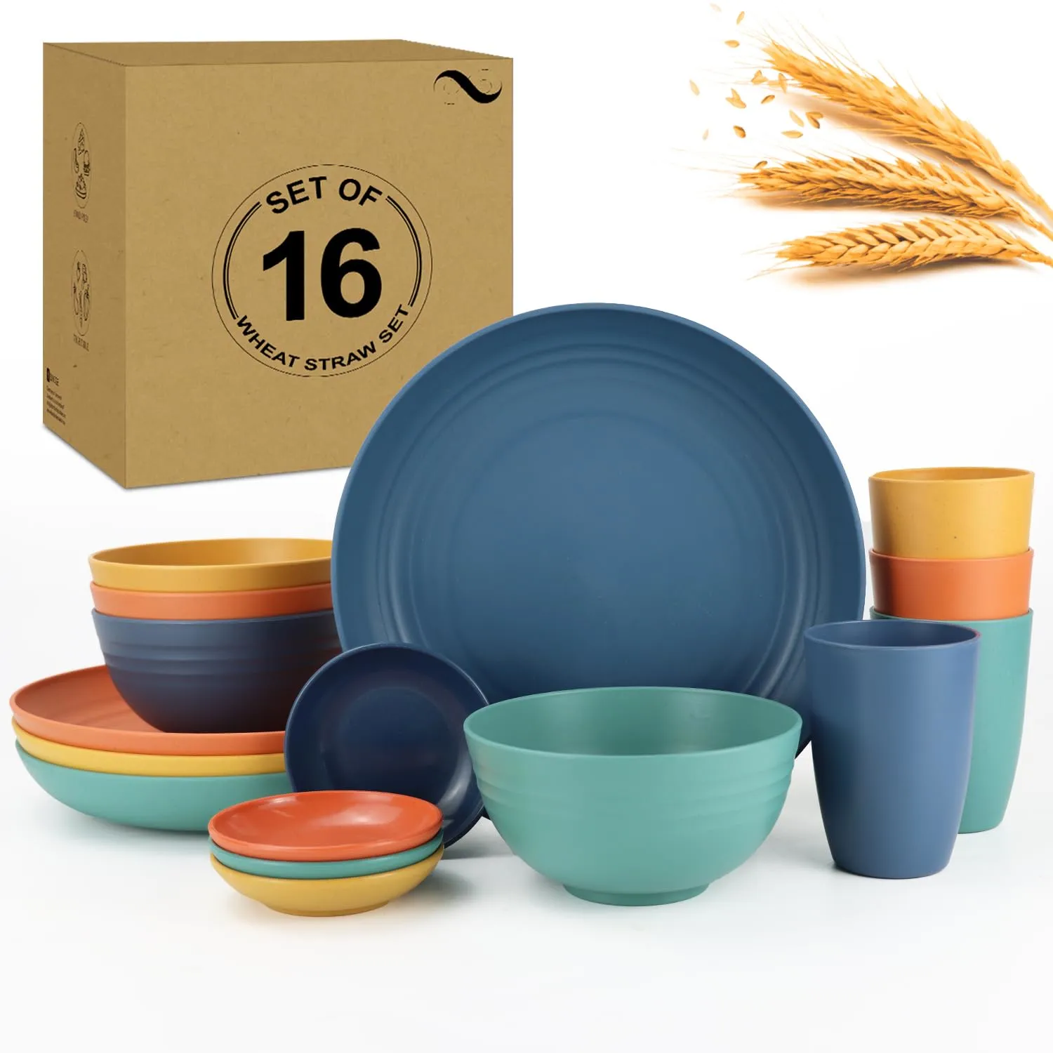 Wheat Straw Dinnerware Sets for 4,Dishwasher & Microwave Safe Plates and Bowls Sets 16 PCS,Unbreakable Dish Sets for Kitchen,Camping and Outdoor, Dinner Plate,Sauce Dish,Cereal Bowl,Cups- Multi color