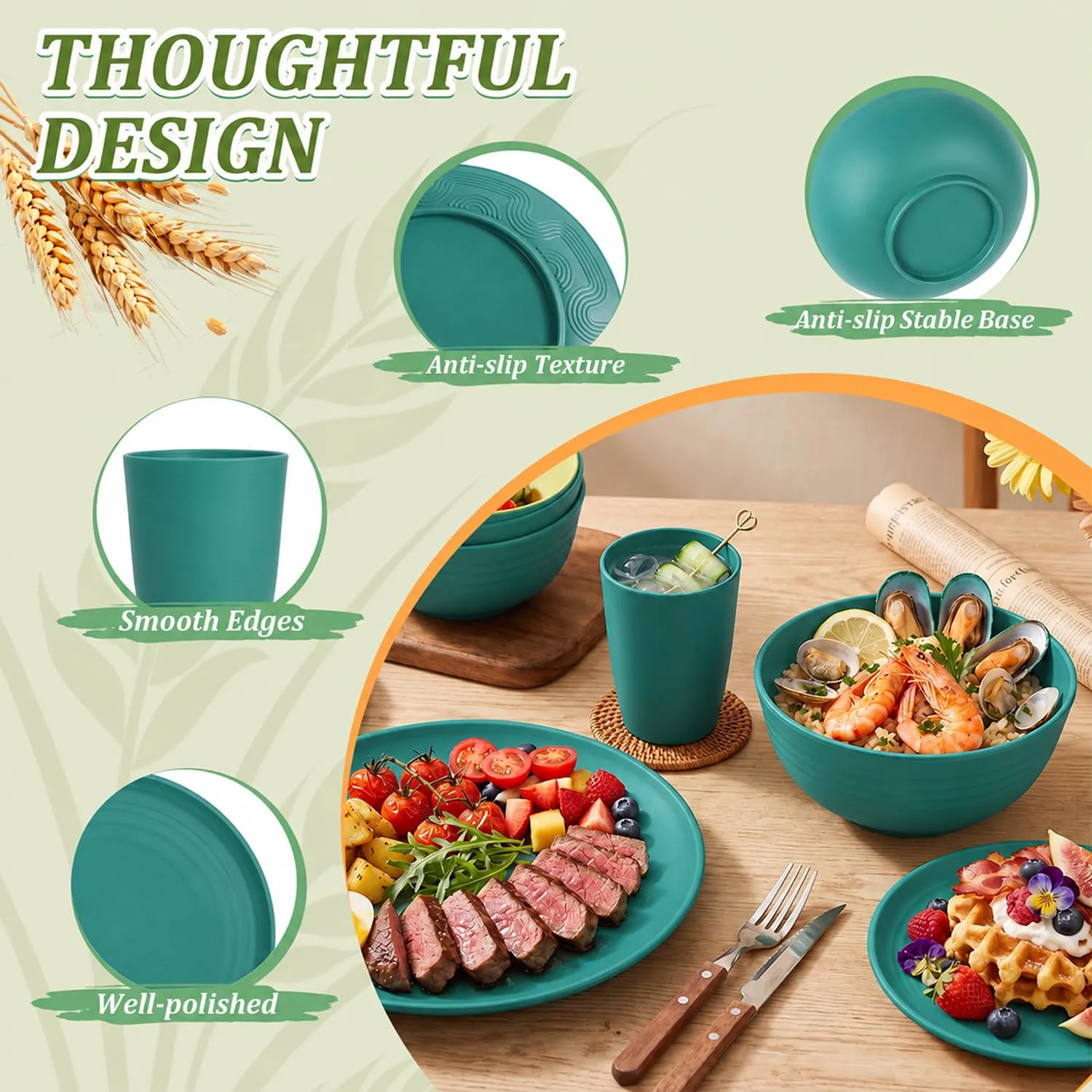 PYRMONT 40 Pcs Wheat Straw Dishes Set for 8 Unbreakable Dinnerware(Green)