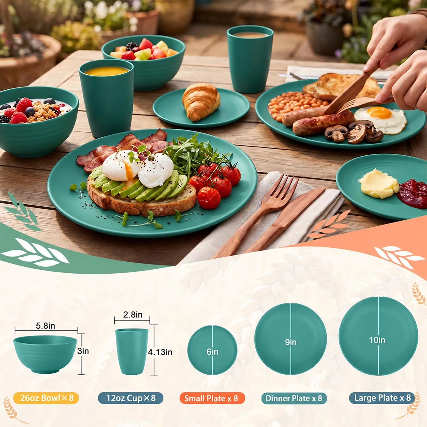 PYRMONT 40 Pcs Wheat Straw Dishes Set for 8 Unbreakable Dinnerware(Green)