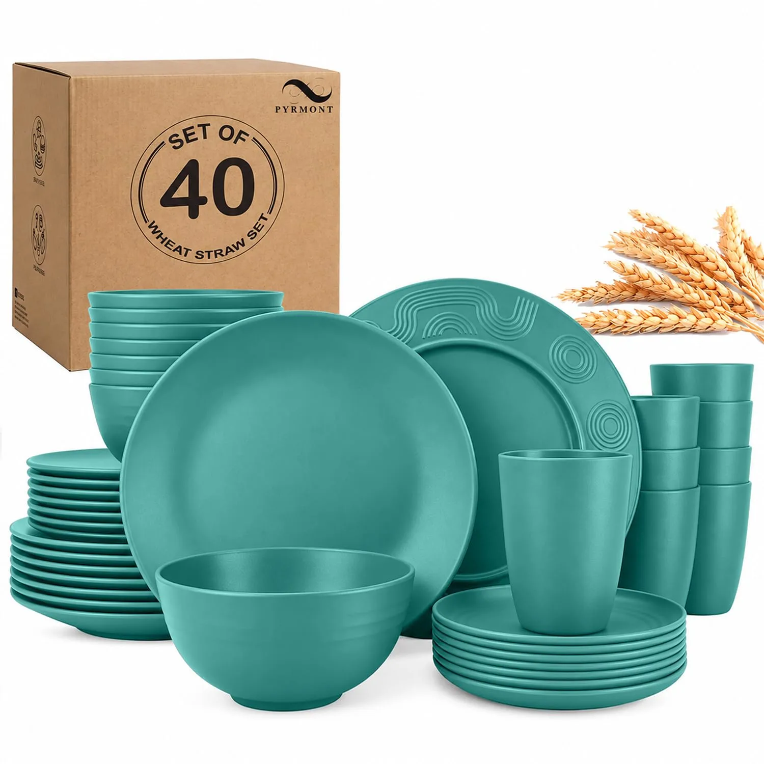 PYRMONT 40 Pcs Wheat Straw Dishes Set for 8 Unbreakable Dinnerware(Green)