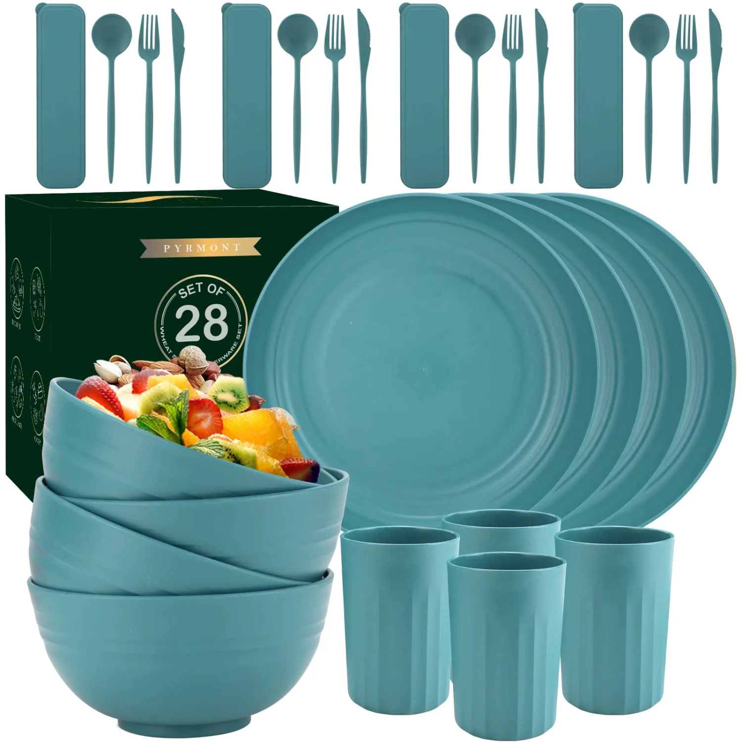 PYRMONT Wheat Straw Plates and Bowls Sets Unbreakable Dishes(28pcs,Green)