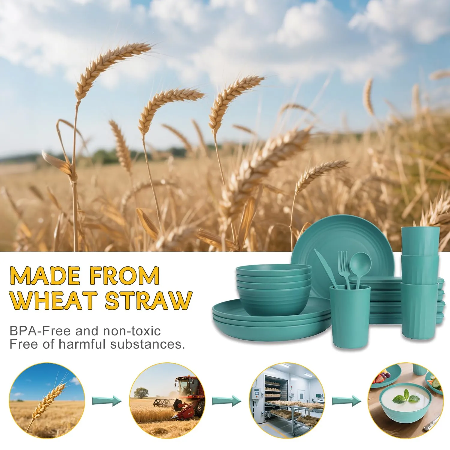 PYRMONT Wheat Straw Plates and Bowls Sets Unbreakable Dishes(28pcs,Green)