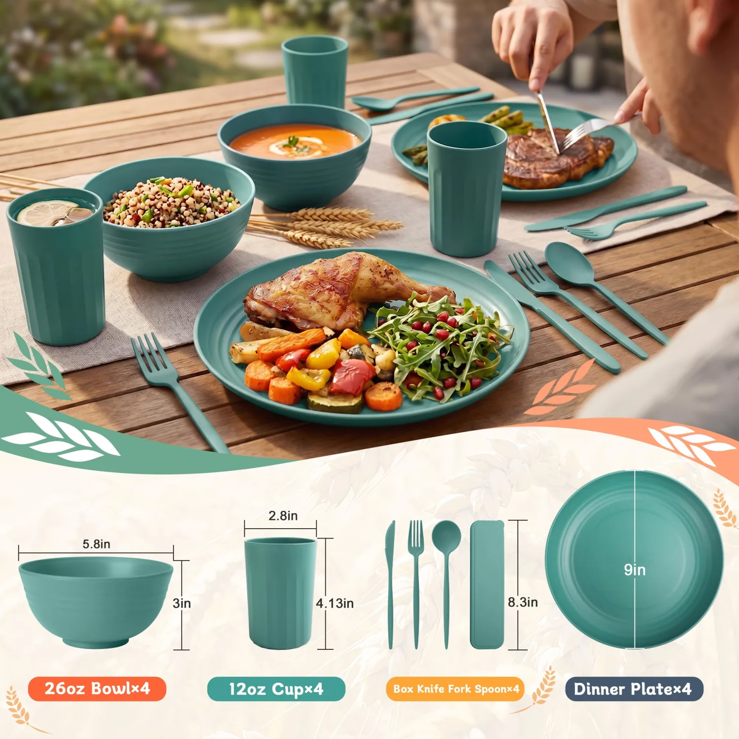 PYRMONT Wheat Straw Plates and Bowls Sets Unbreakable Dishes(28pcs,Green)