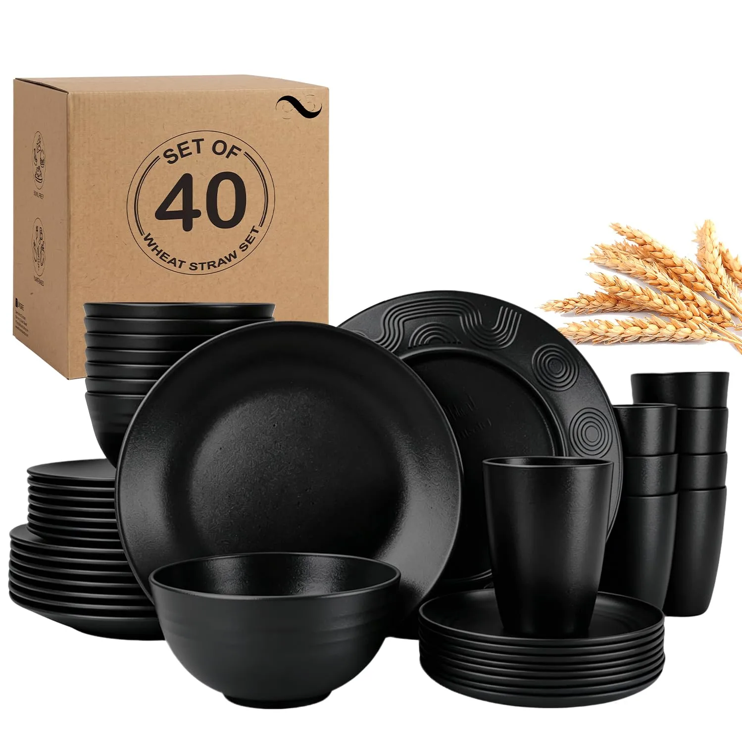 PYRMONT Black Dinnerware Sets 40 Pcs Wheat Straw Camping Dishes Set for 8