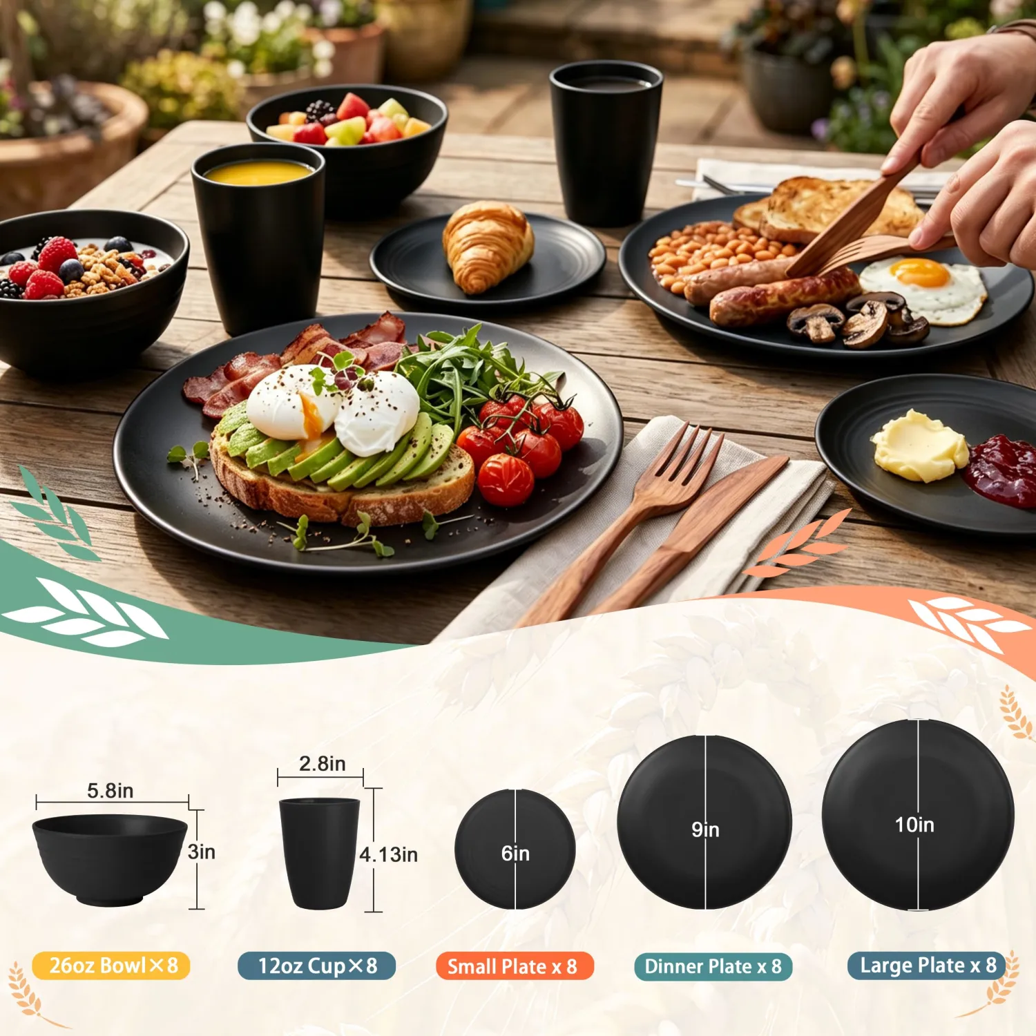 PYRMONT Black Dinnerware Sets 40 Pcs Wheat Straw Camping Dishes Set for 8