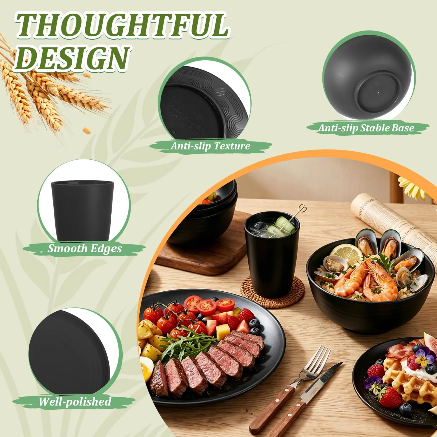 PYRMONT Black Dinnerware Sets 40 Pcs Wheat Straw Camping Dishes Set for 8