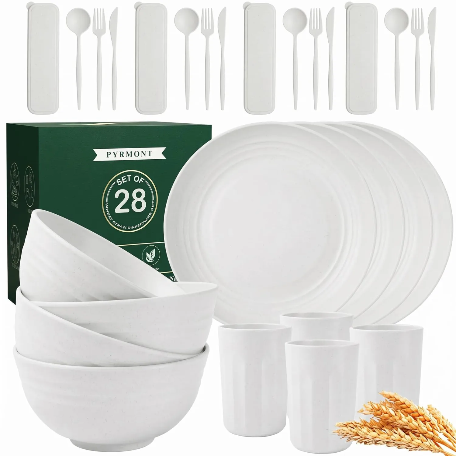 PYRMONT White Dinnerware Set 28 Pcs Wheat Straw Plates and Bowls Sets for 4