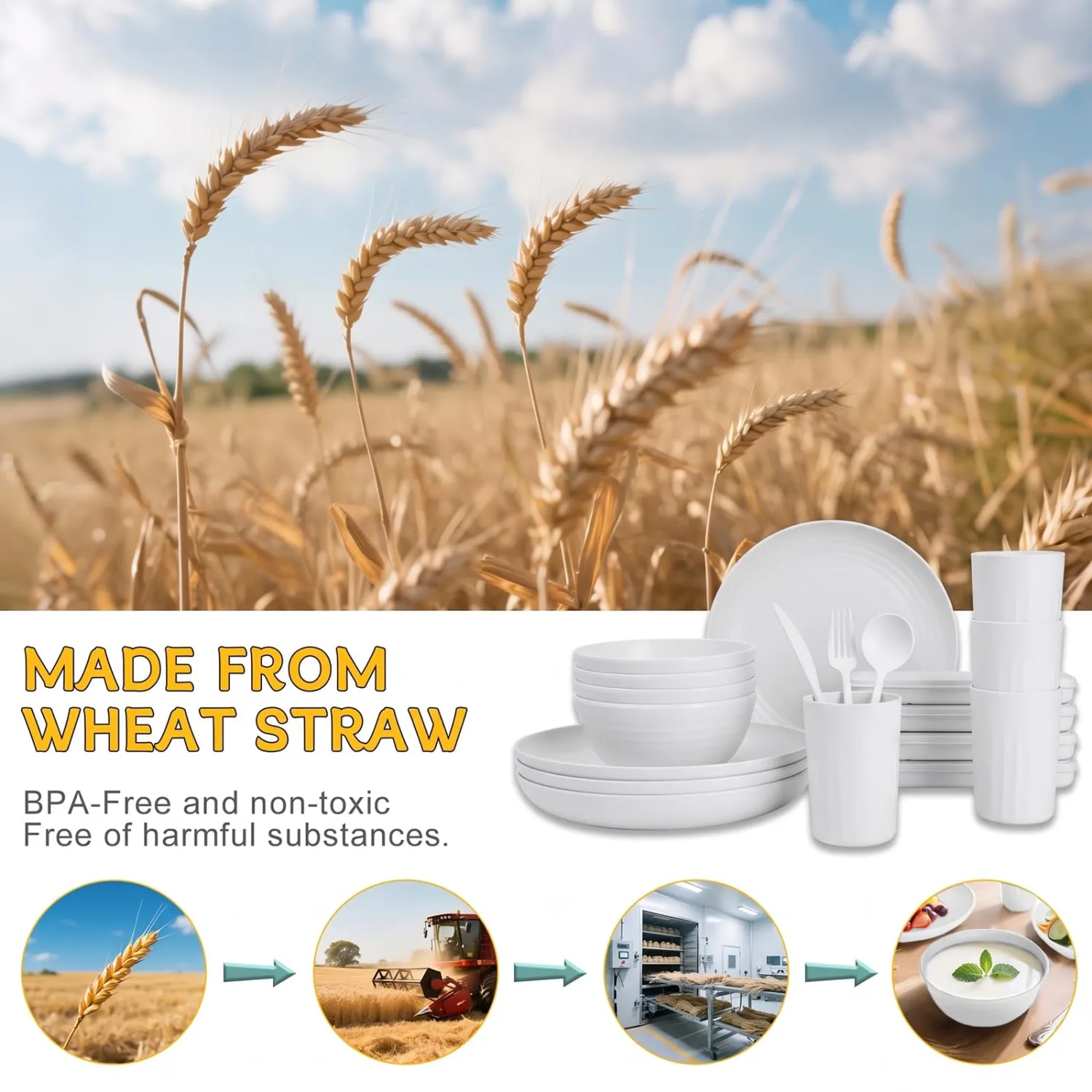 PYRMONT White Dinnerware Set 28 Pcs Wheat Straw Plates and Bowls Sets for 4