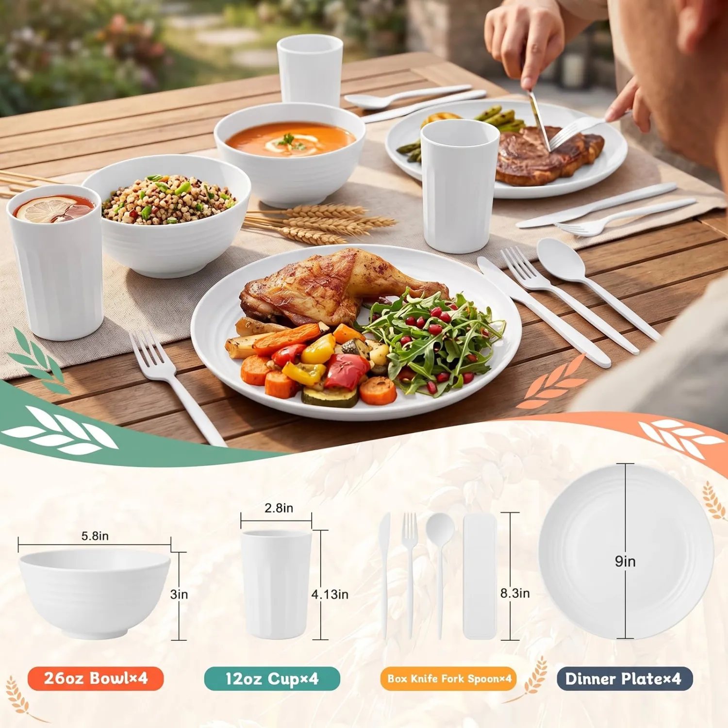 PYRMONT White Dinnerware Set 28 Pcs Wheat Straw Plates and Bowls Sets for 4