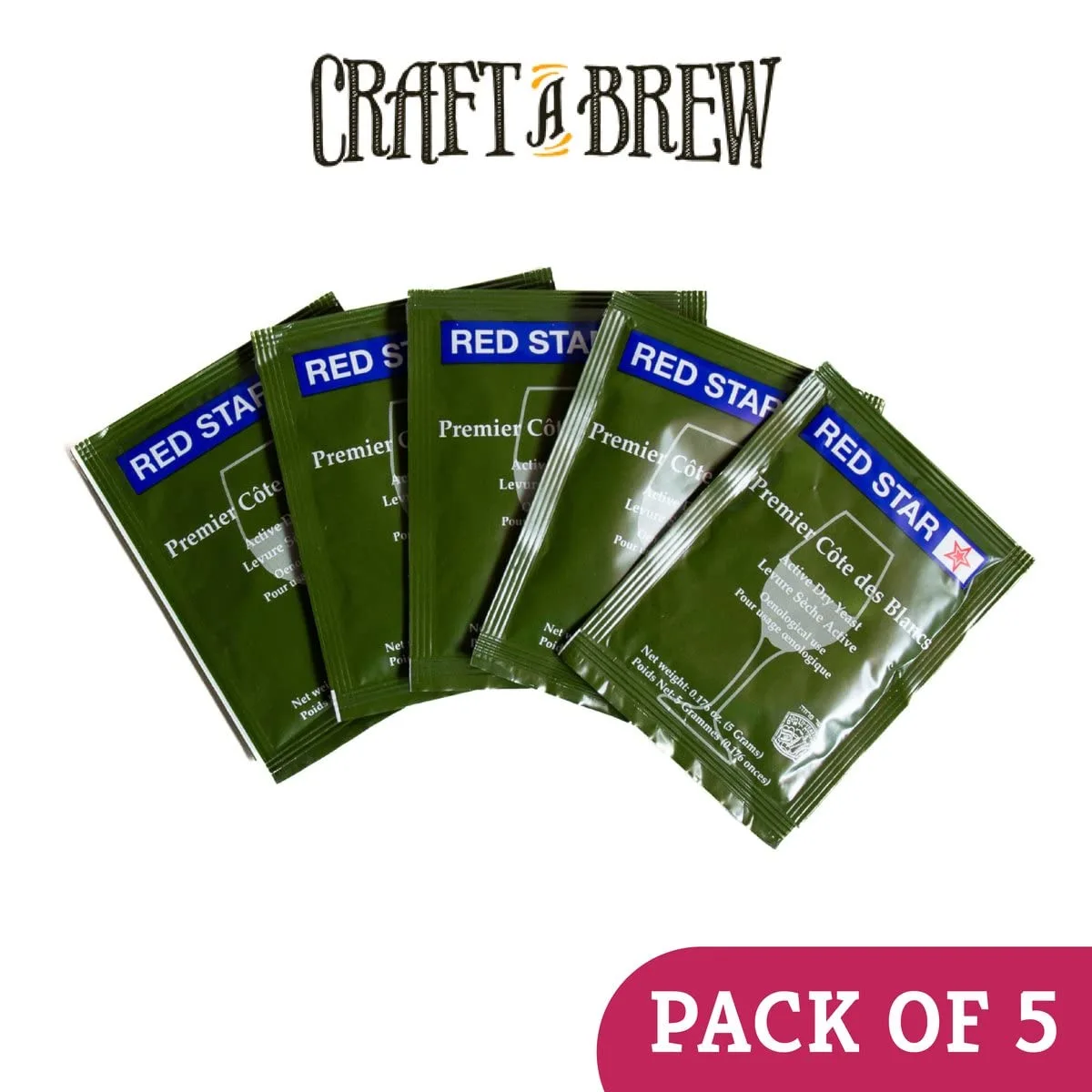Craft A Brew - Red Star Premier Cote des Blancs Wine Yeast - Dry Wine Yeast - For Fruity & Aromatic White Wines, Hard Ciders - Ingredients for Home Fermenting - Wine Making Supplies - 5 Pack