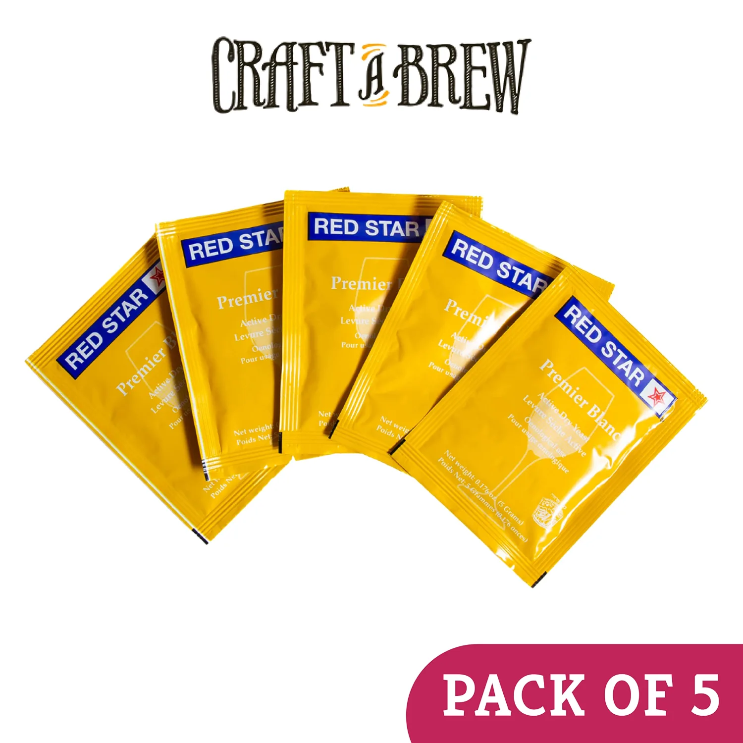 Craft A Brew - Red Star Premier Blanc Wine Yeast - All-Purpose, High-Performing Dry Wine Yeast - For Red & White Wines - Ingredients for Home Fermenting - Wine Making Supplies - 5 Pack