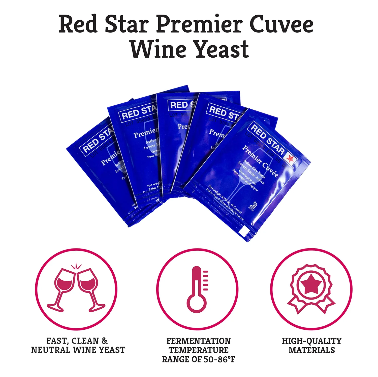 Craft A Brew - Red Star Premier Cuvee Wine Yeast - Fast, Clean, Neutral Dry Wine Yeast - For Reds, Whites & Sparkling Wines - Ingredients for Home Fermenting - Wine Making Supplies - 5 Pack