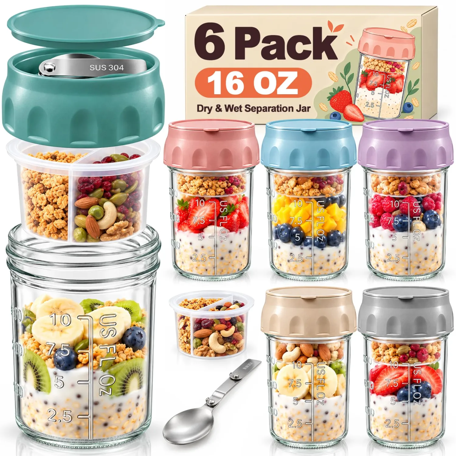 6 Pack Overnight Oats Jar, Glass Yogurt Containers with Lid & Folding Spoon
