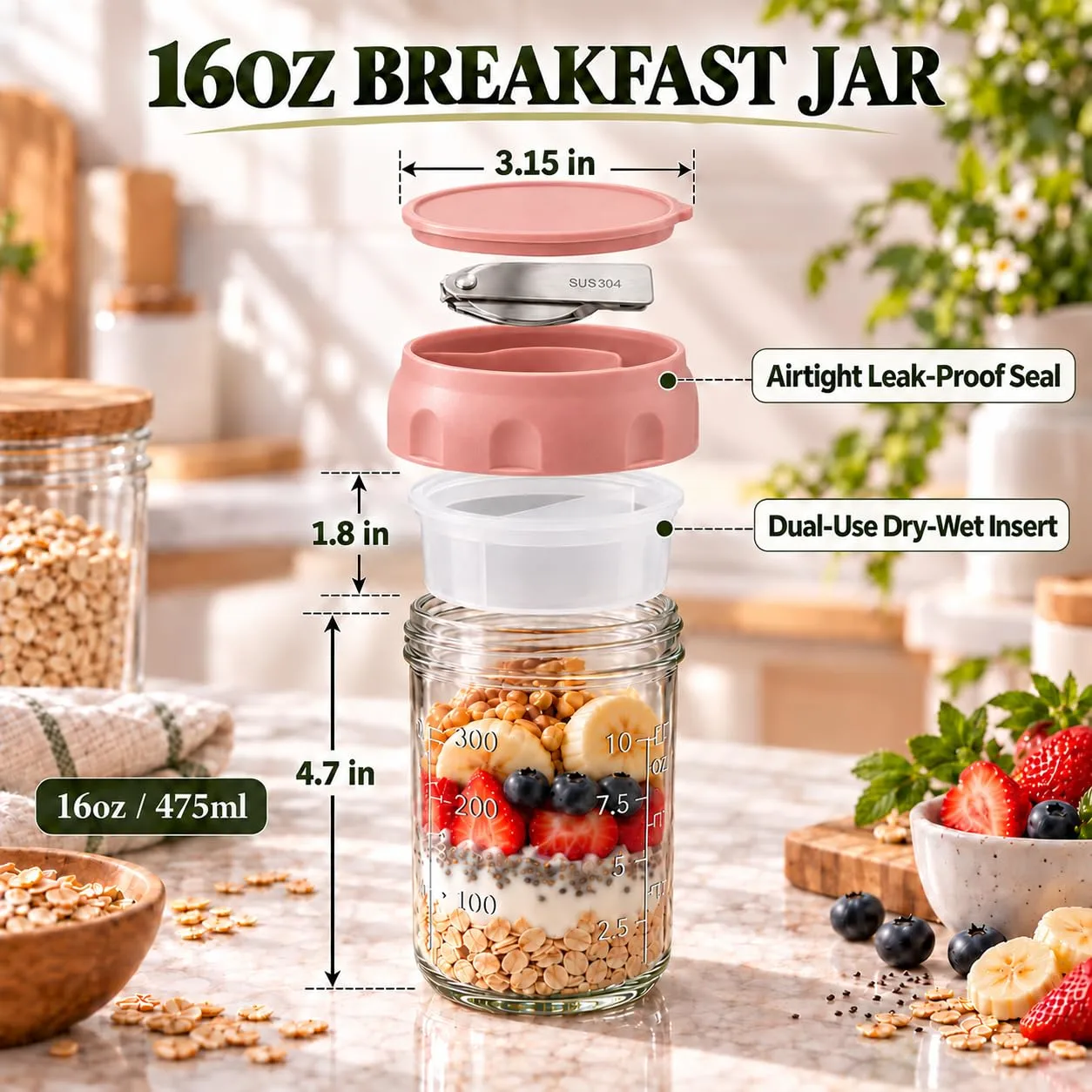 6 Pack Mason Jars with Lids, 16 oz Glass Yogurt Containers with Lids, Spoon
