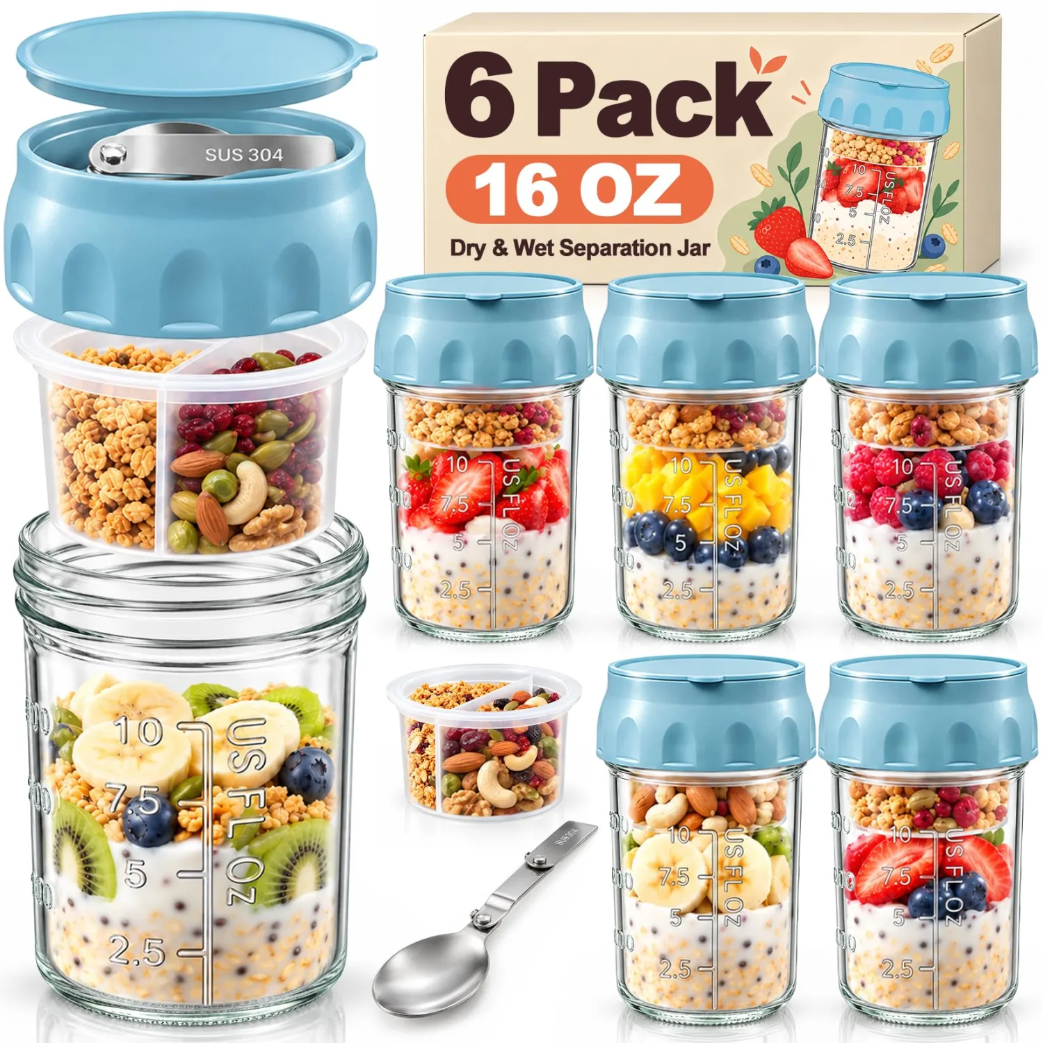 6 Pack Mason Jars with Lids, 16 oz Glass Yogurt Containers with Lids, Spoon
