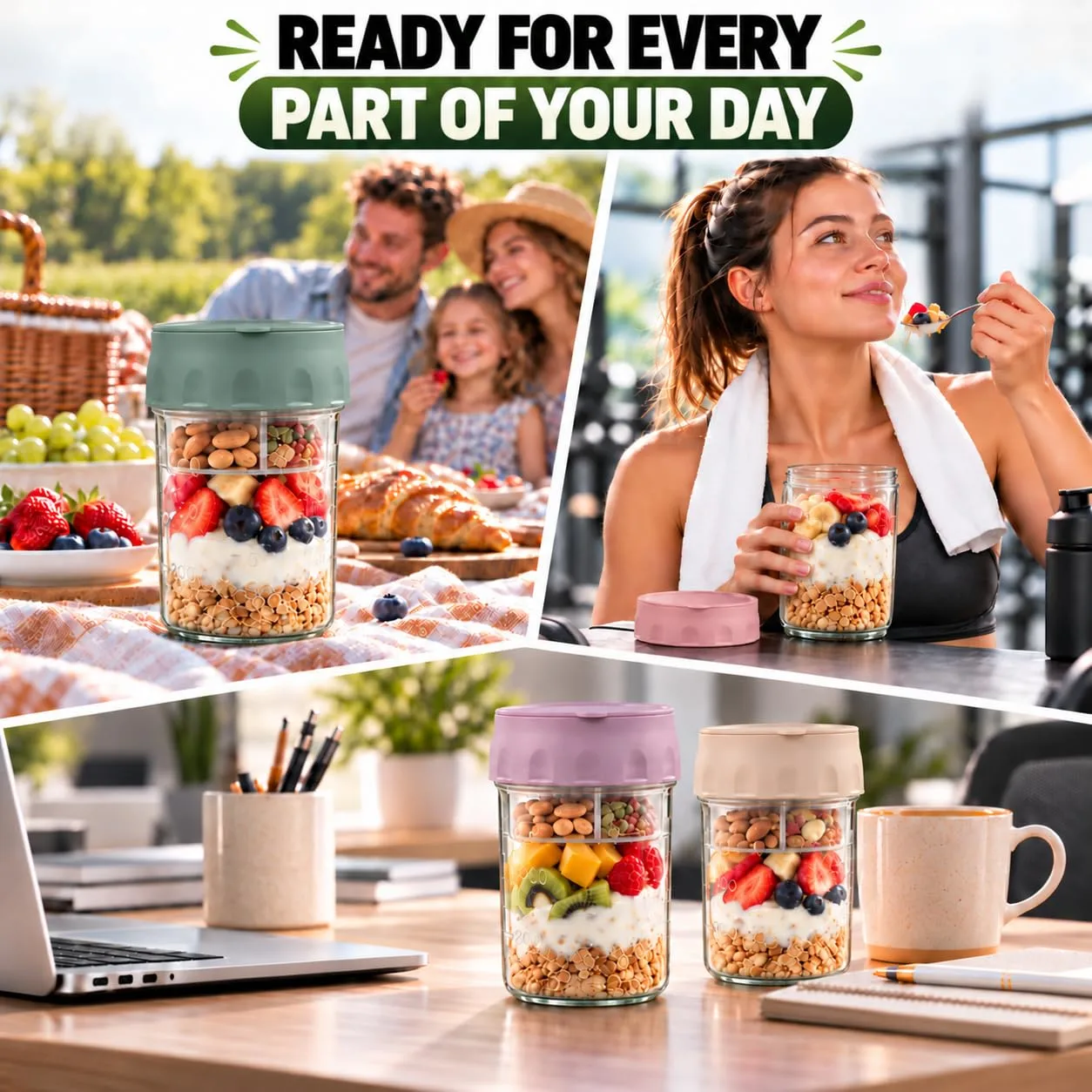 6 Pack Meal Prep Jars, Overnight Oats Containers with Lids, Folding Spoon