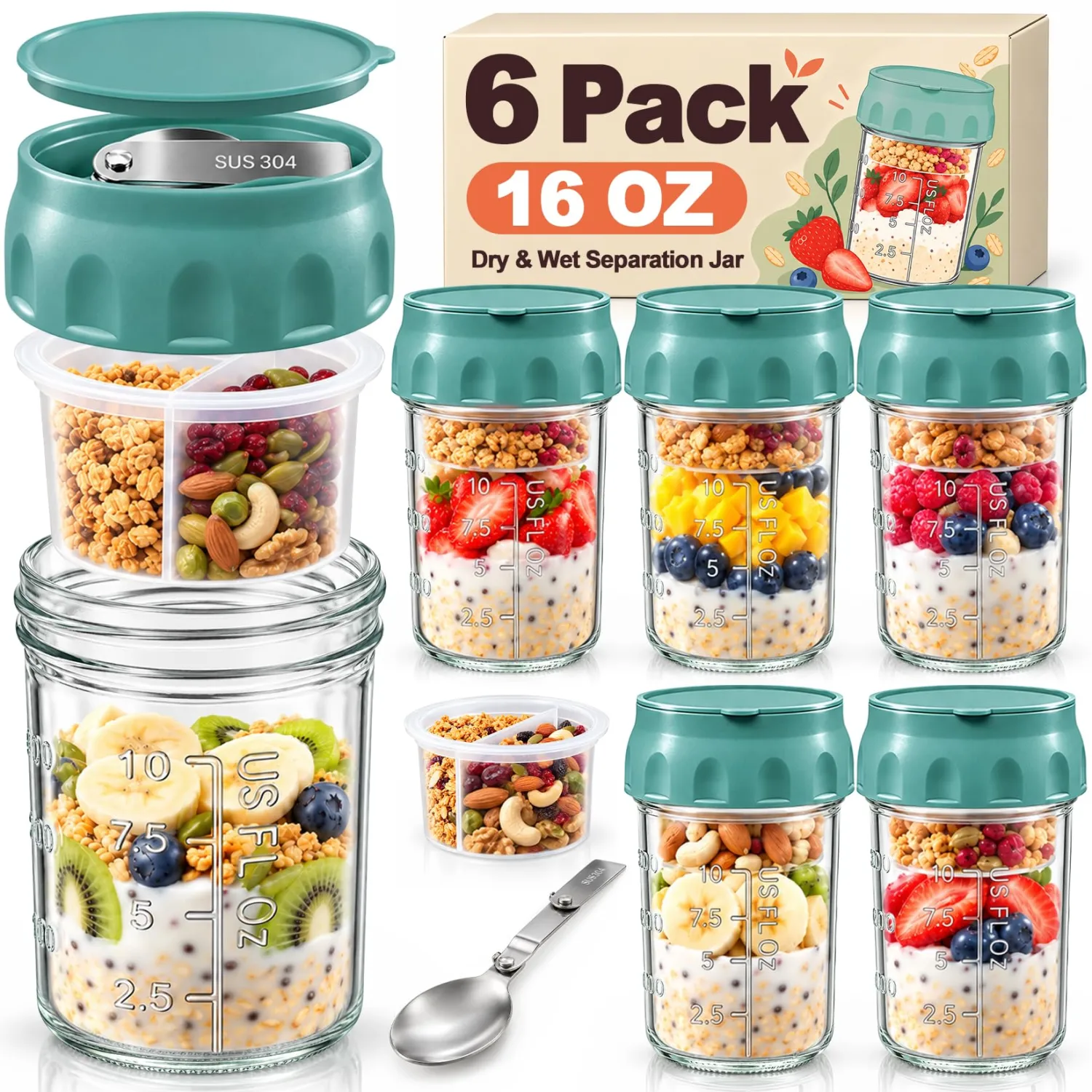 6 Pack Meal Prep Jars, Overnight Oats Containers with Lids, Folding Spoon